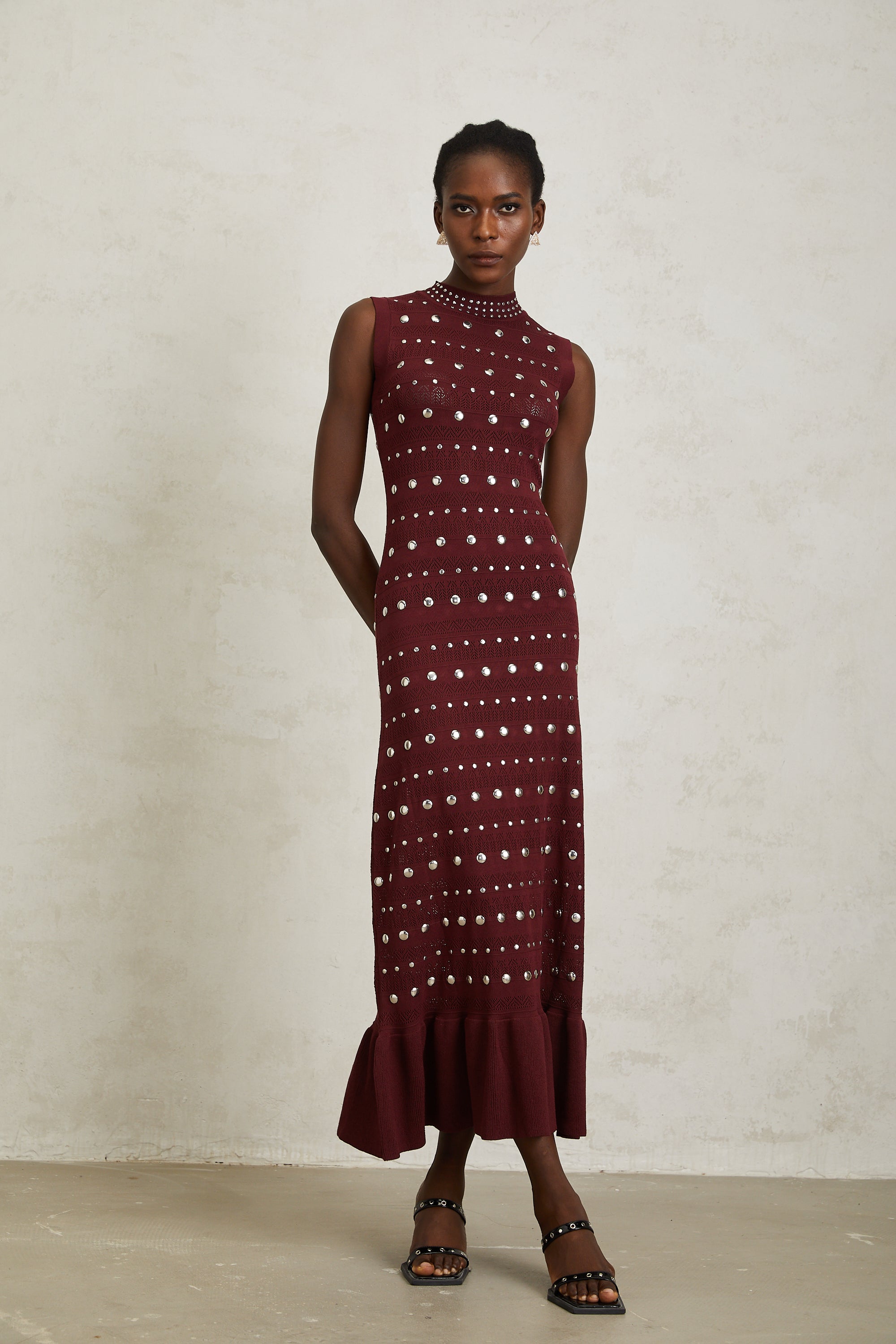 Chloé Red Studded Crochet Knit Maxi Dress