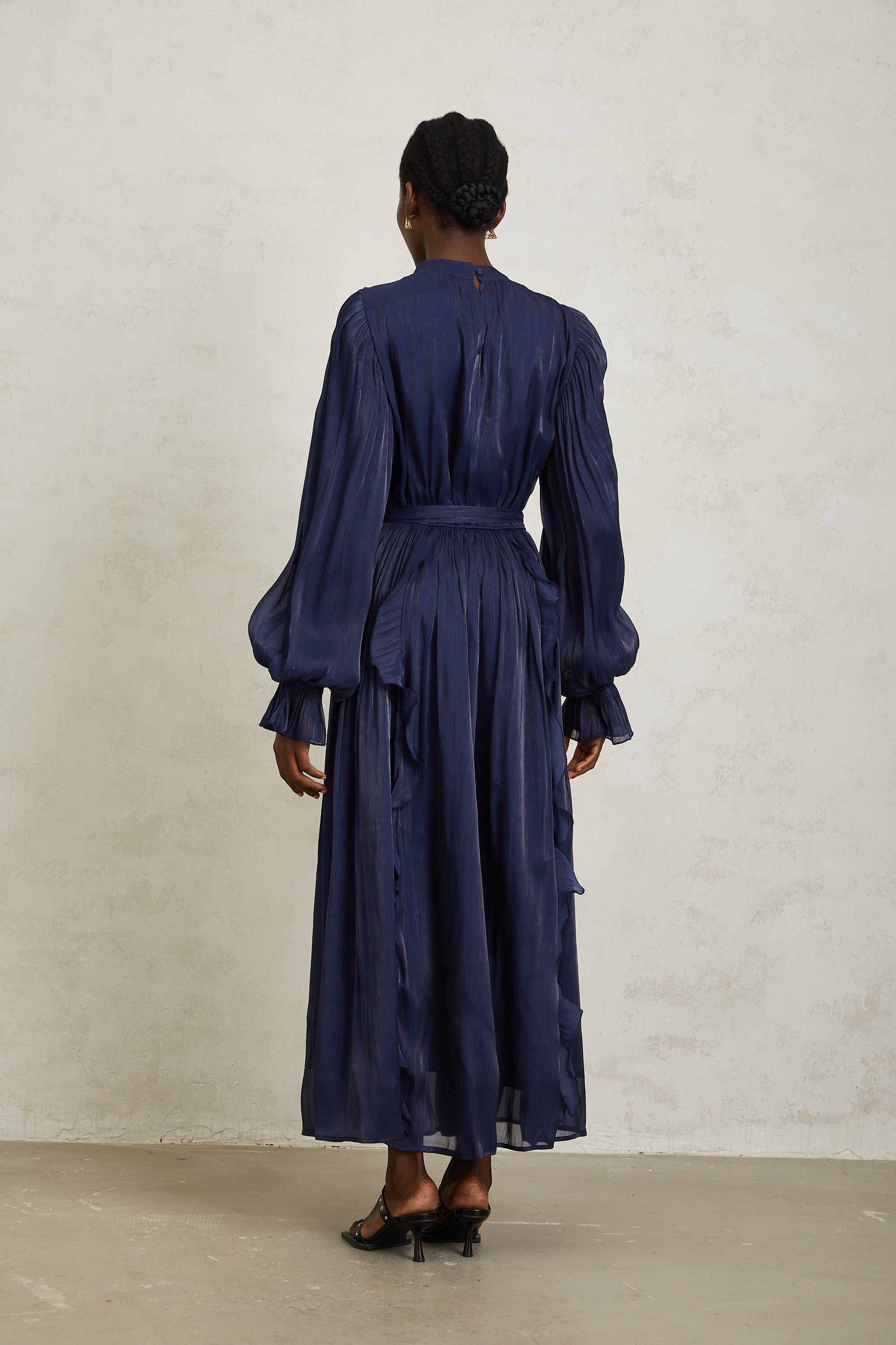 Nanette Dark Blue Glossy Pleated Maxi Dress (Final Sale-US Only)