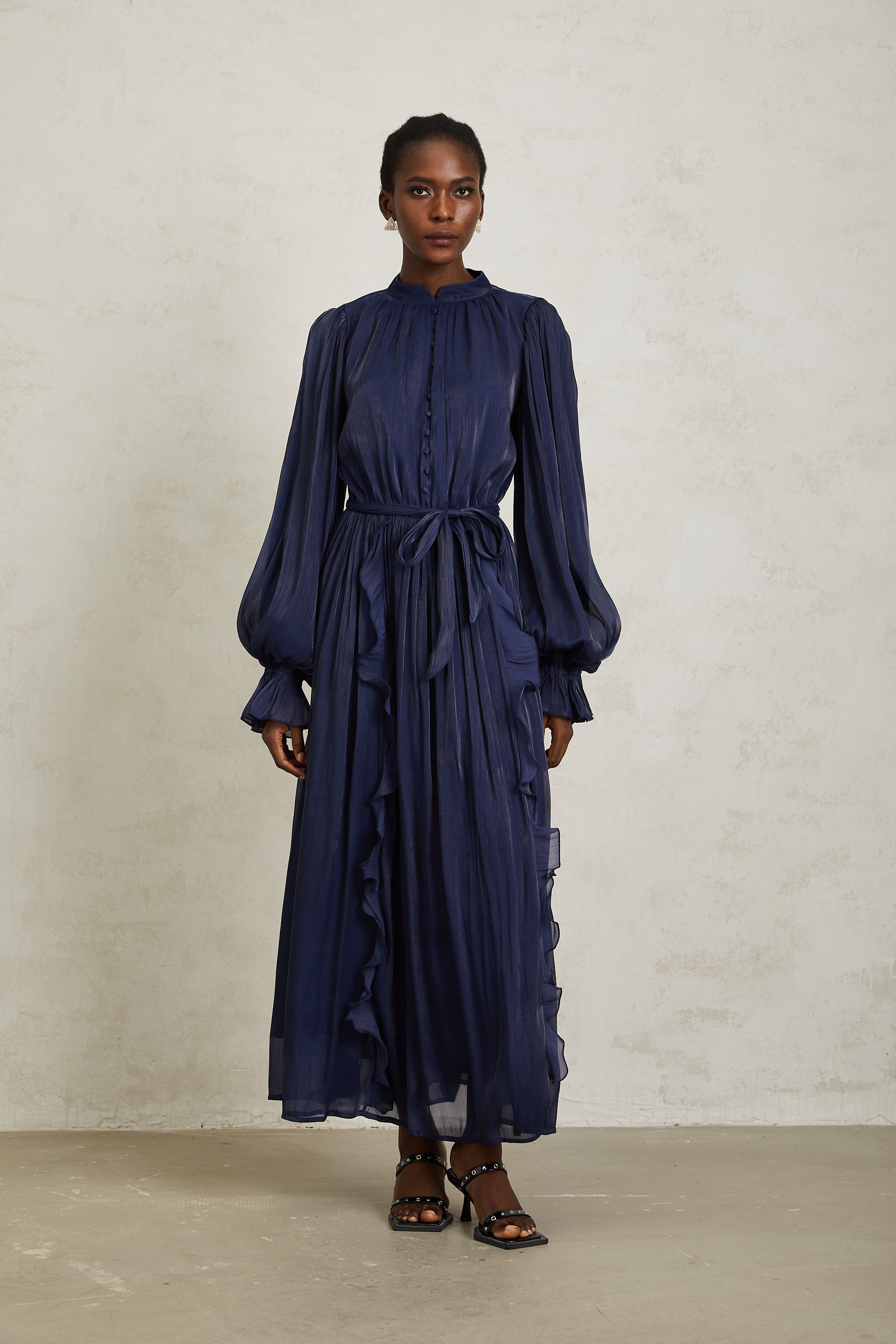 Nanette Dark Blue Glossy Pleated Maxi Dress (Final Sale-US Only)