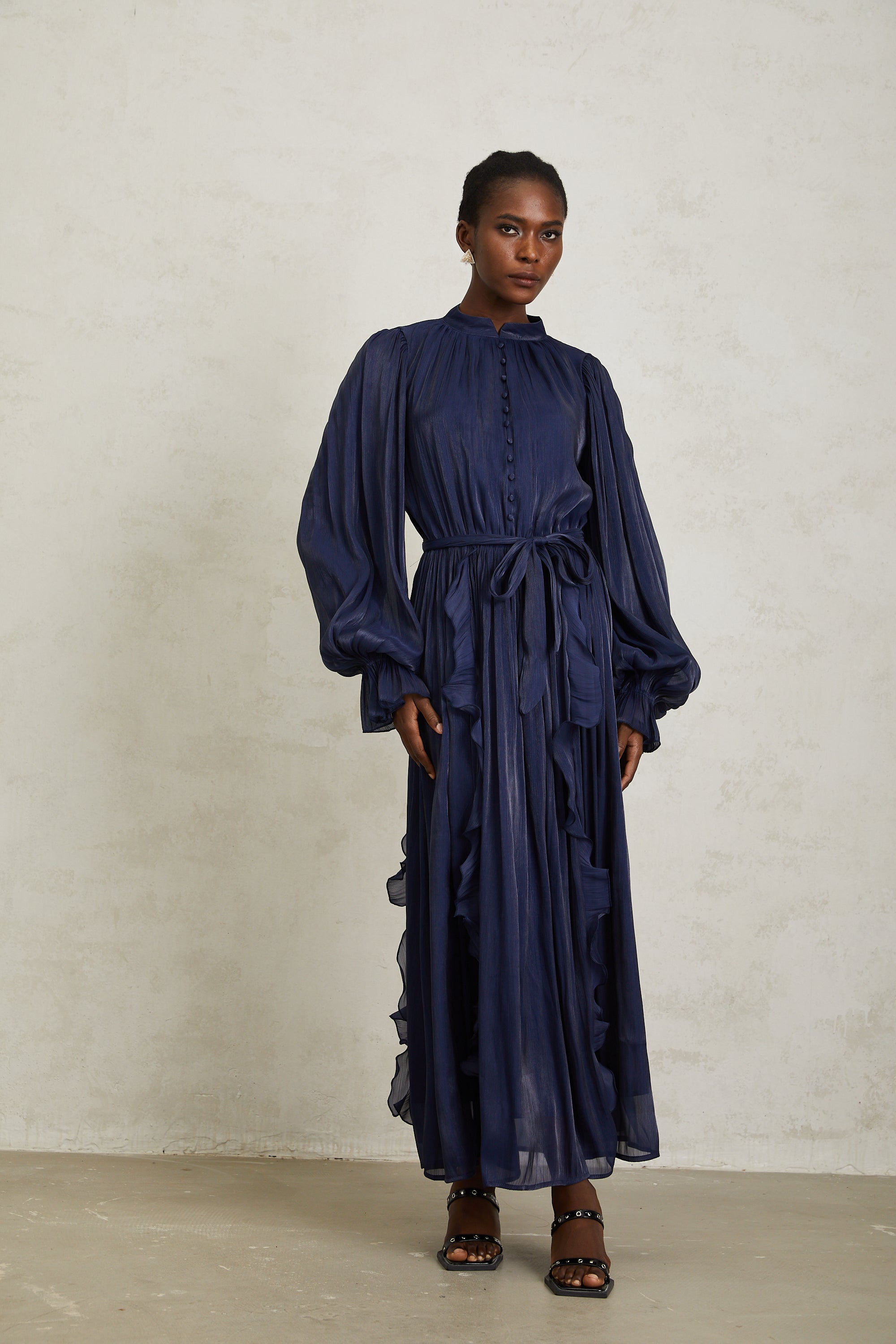 Nanette Dark Blue Glossy Pleated Maxi Dress (Final Sale-US Only)