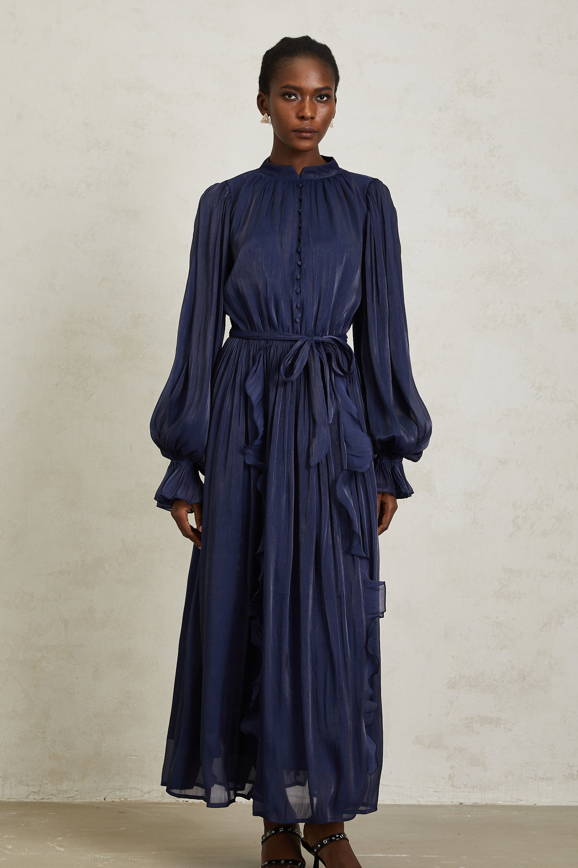 Nanette Dark Blue Glossy Pleated Maxi Dress (Final Sale-US Only)