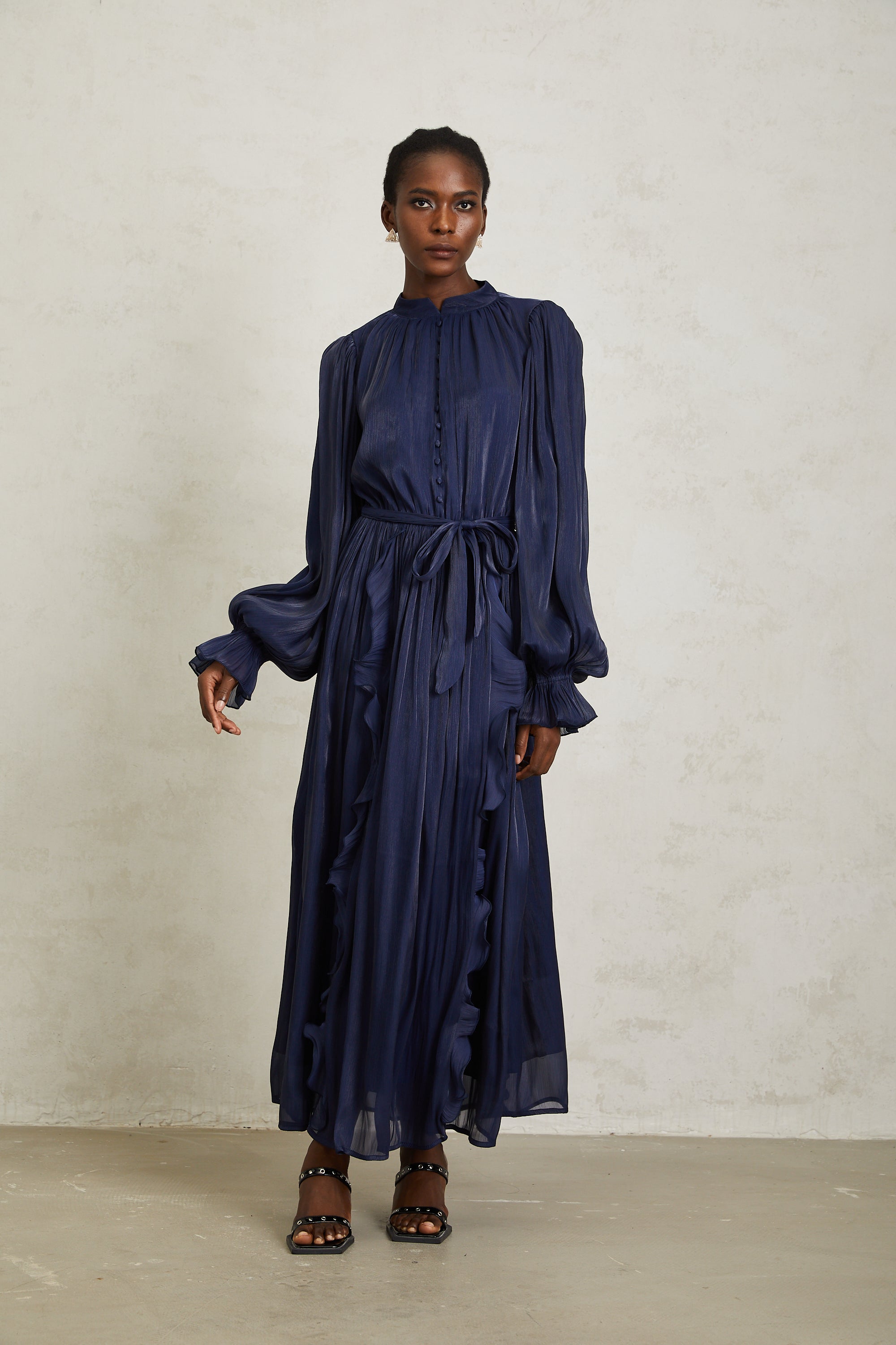 Nanette Dark Blue Glossy Pleated Maxi Dress (Final Sale-US Only)