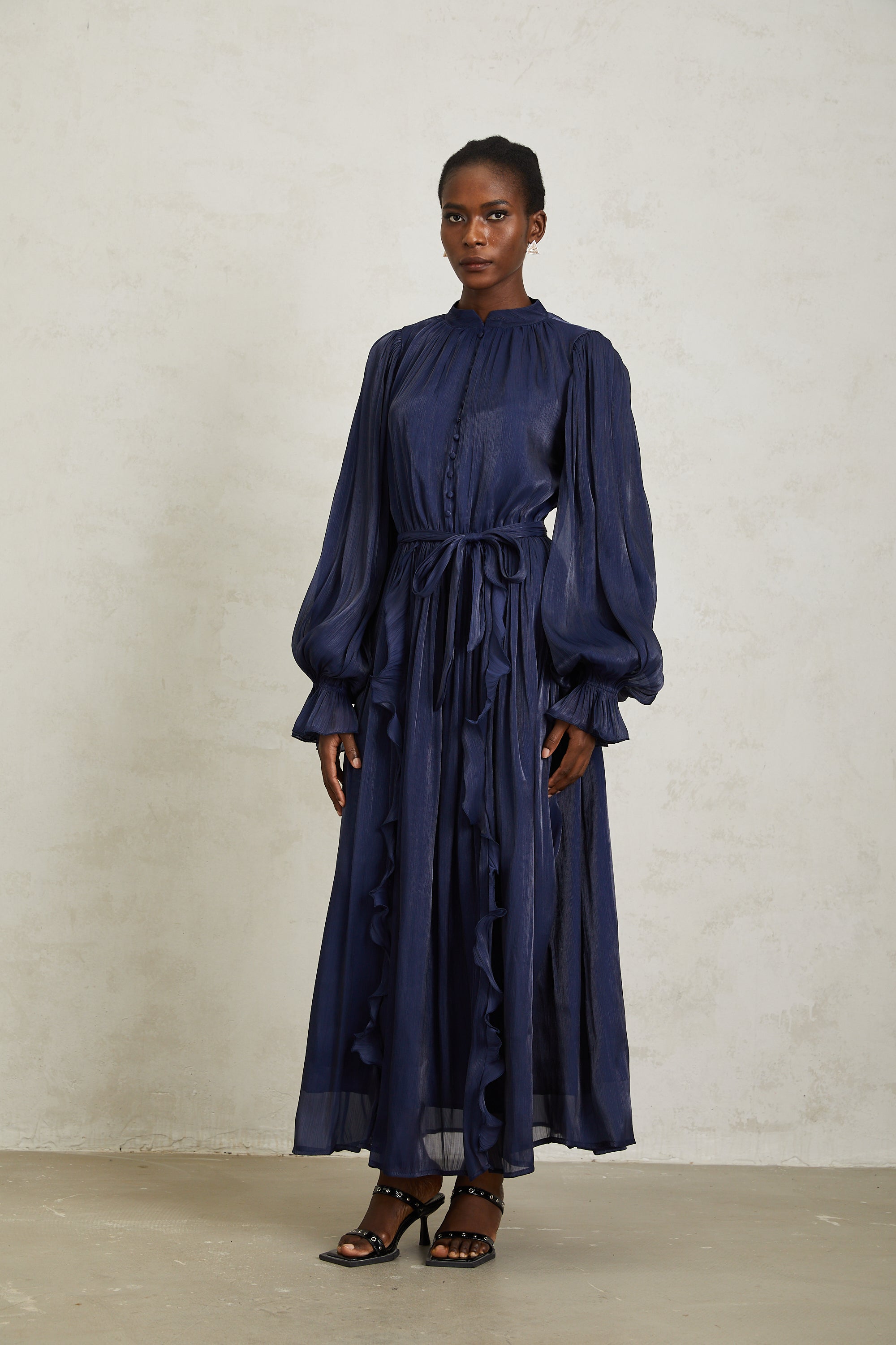 Nanette Dark Blue Glossy Pleated Maxi Dress (Final Sale-US Only)