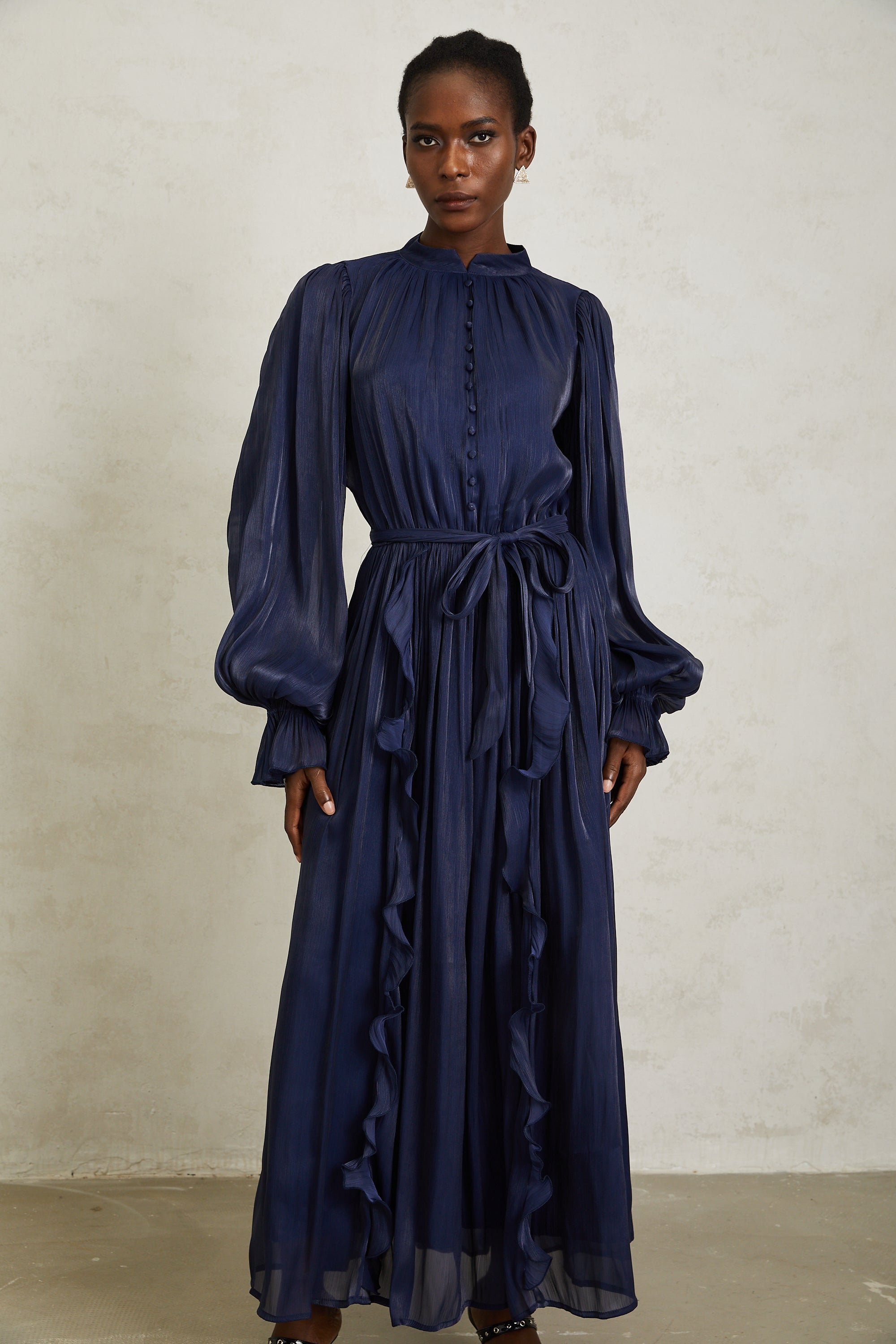 Nanette Dark Blue Glossy Pleated Maxi Dress (Final Sale-US Only)