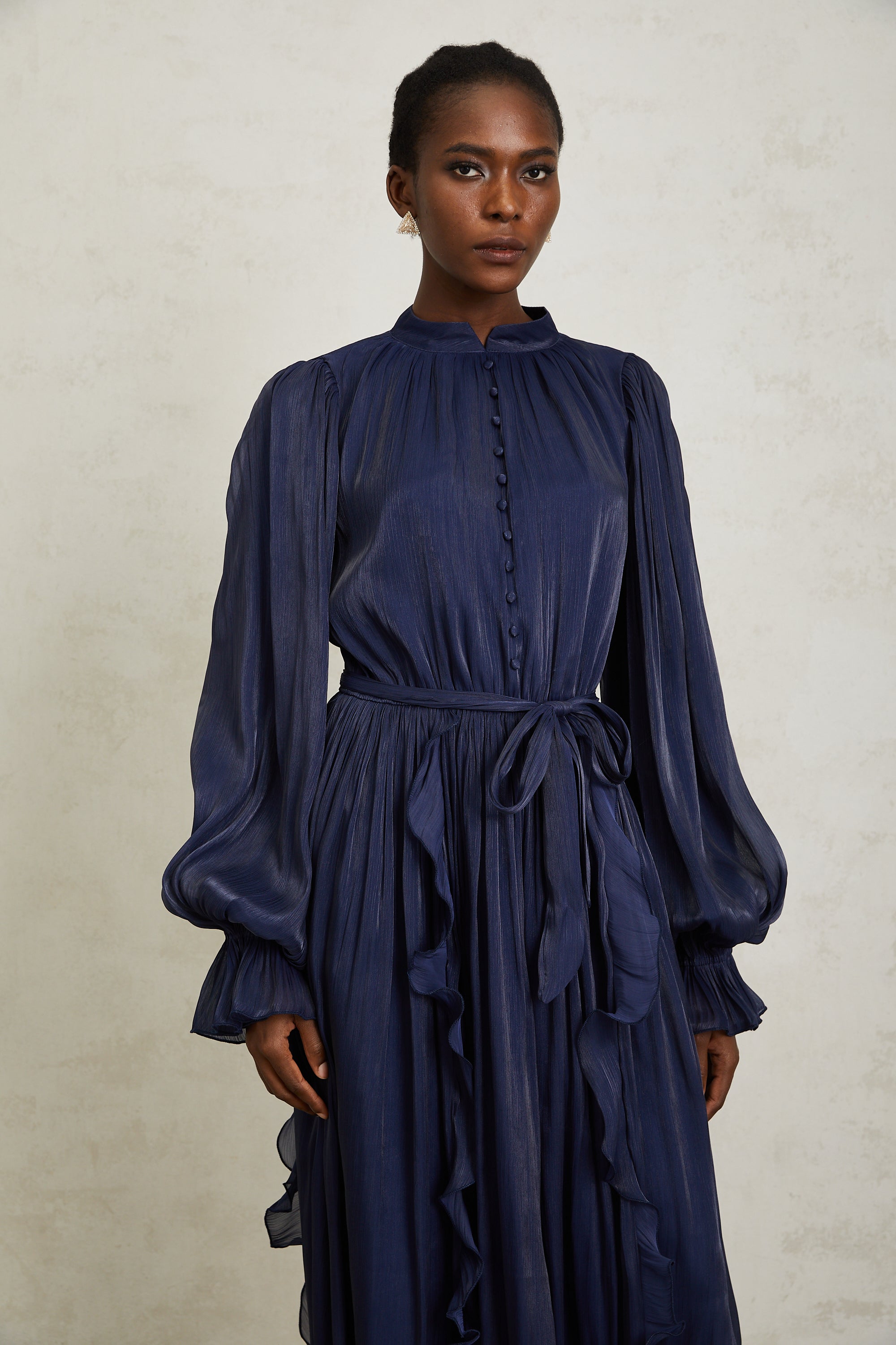 Nanette Dark Blue Glossy Pleated Maxi Dress (Final Sale-US Only)