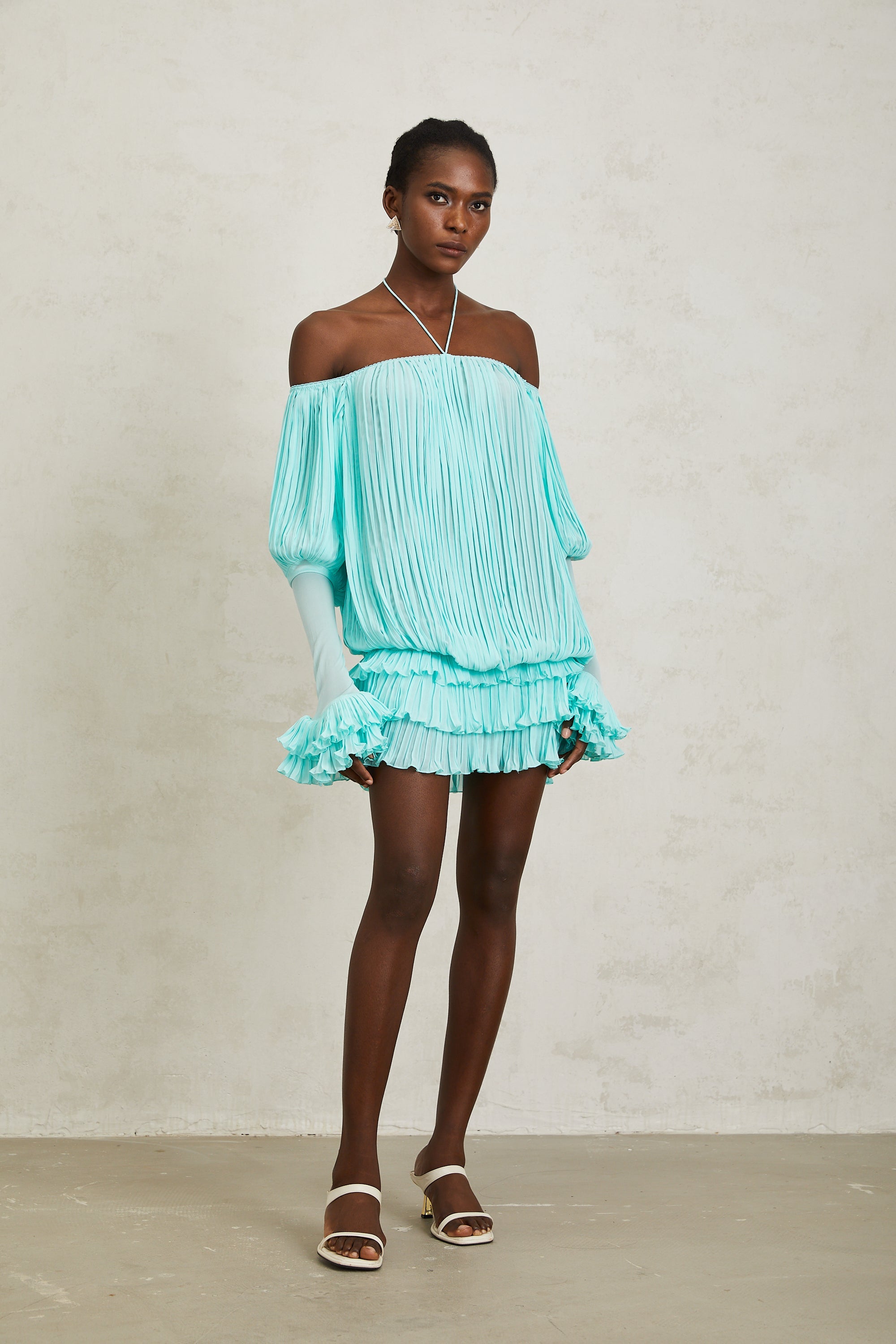 Gisèle Blue Off Shoulder Pleated Mini Dress