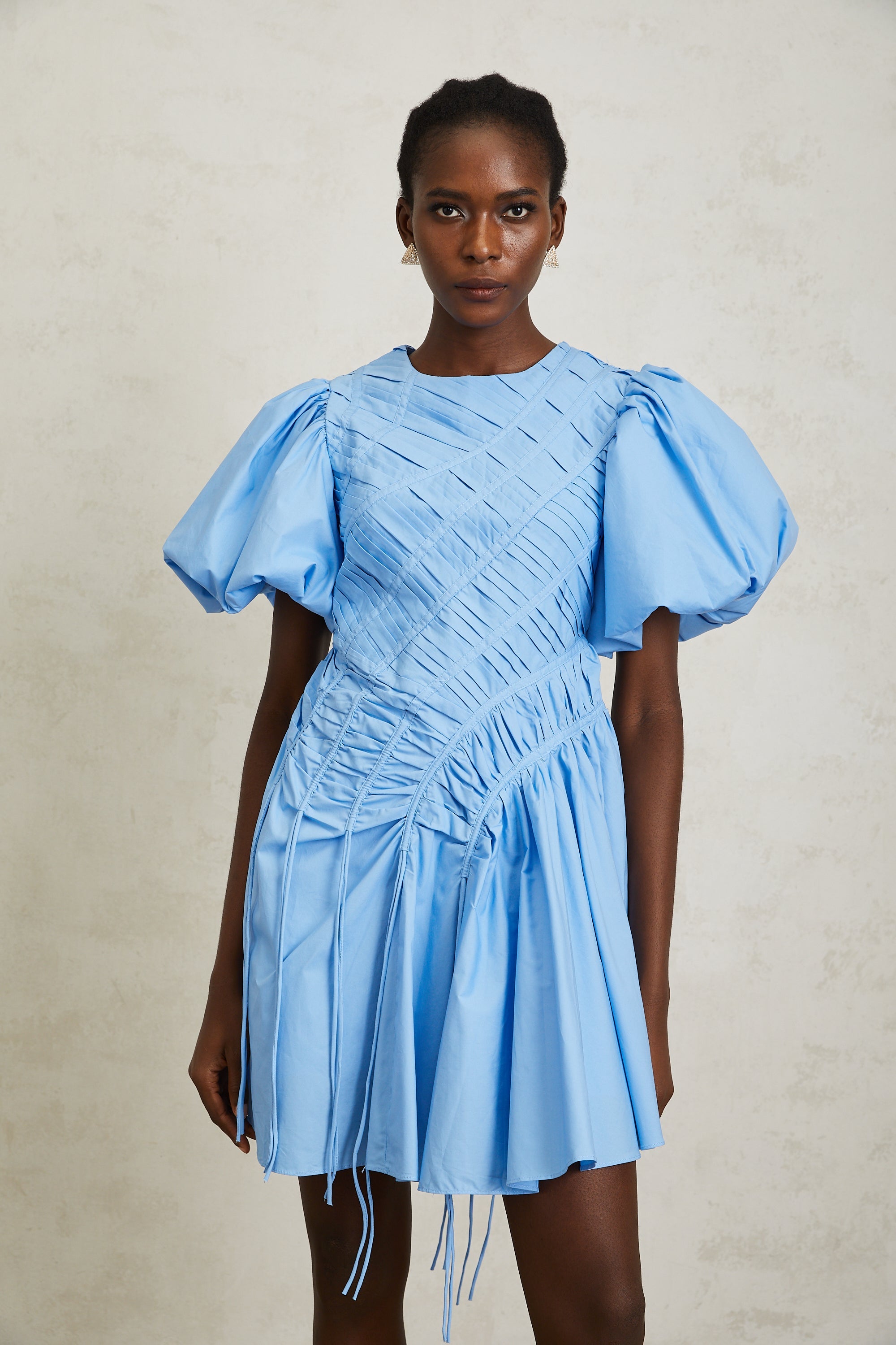 Amaryllis Blue Ruched Drawstring Hem Mini Dress