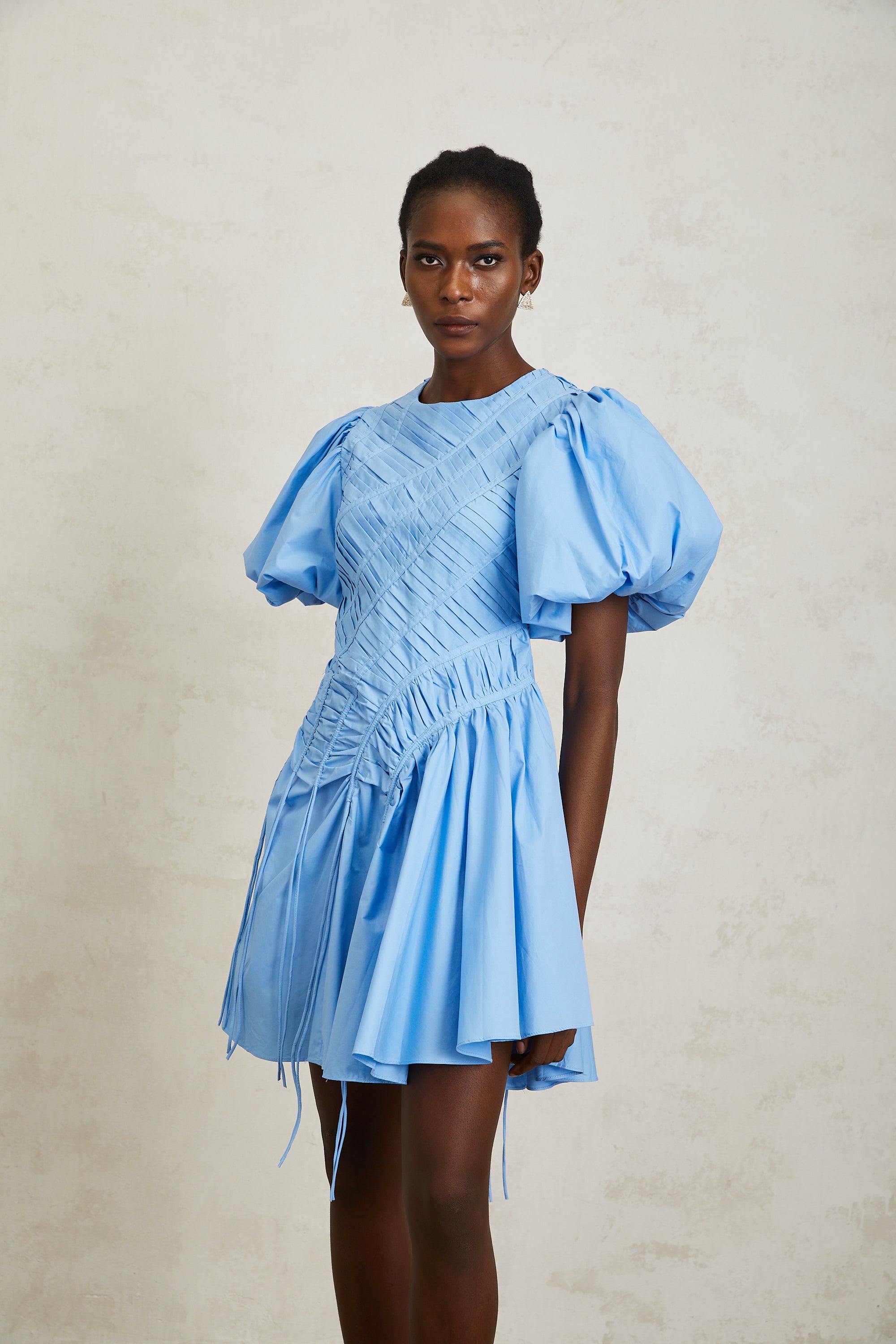 Amaryllis Blue Ruched Drawstring Hem Mini Dress (Final Sale-US Only)