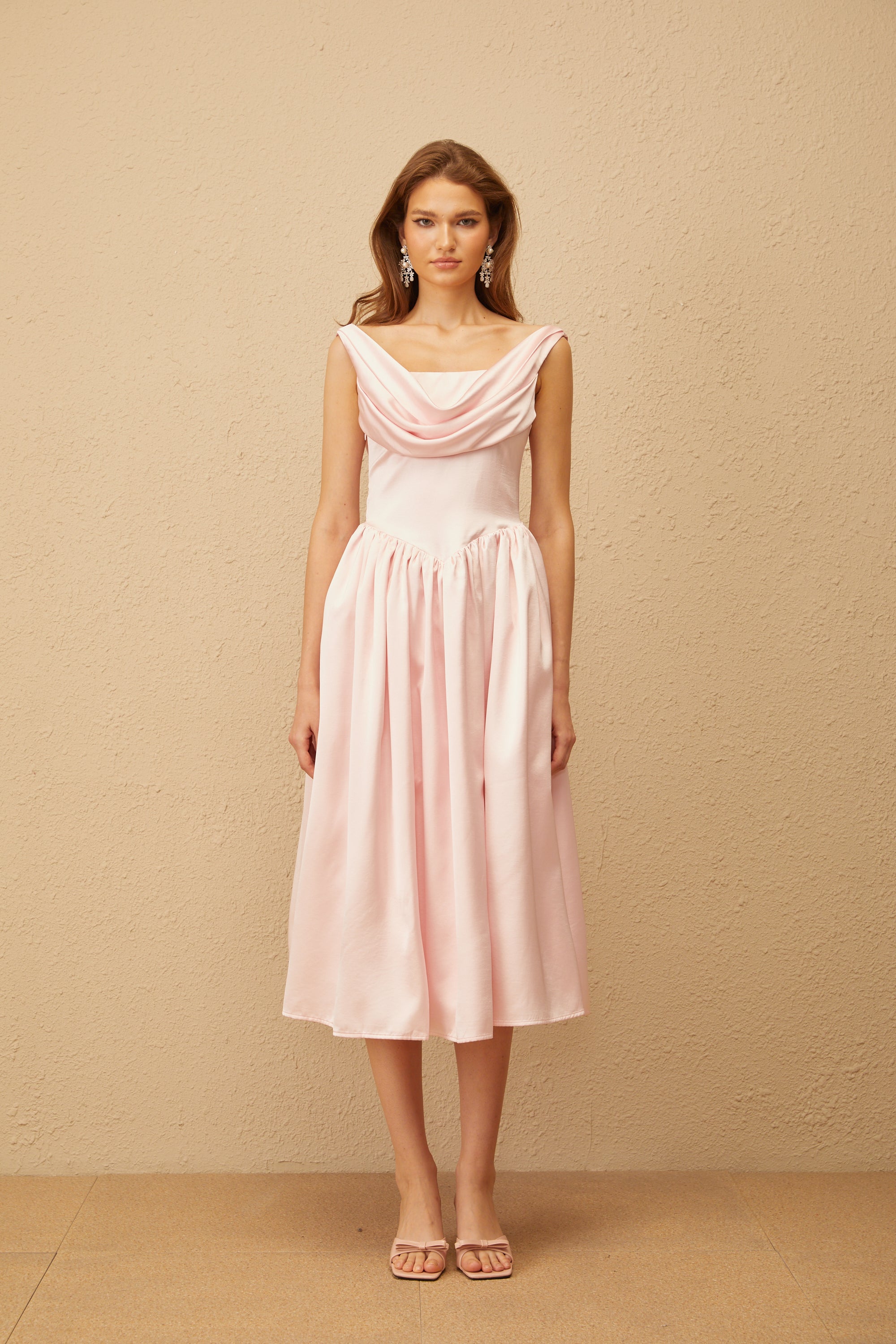 Althéa Pink Cowl Neck Voluminous Midi Dress