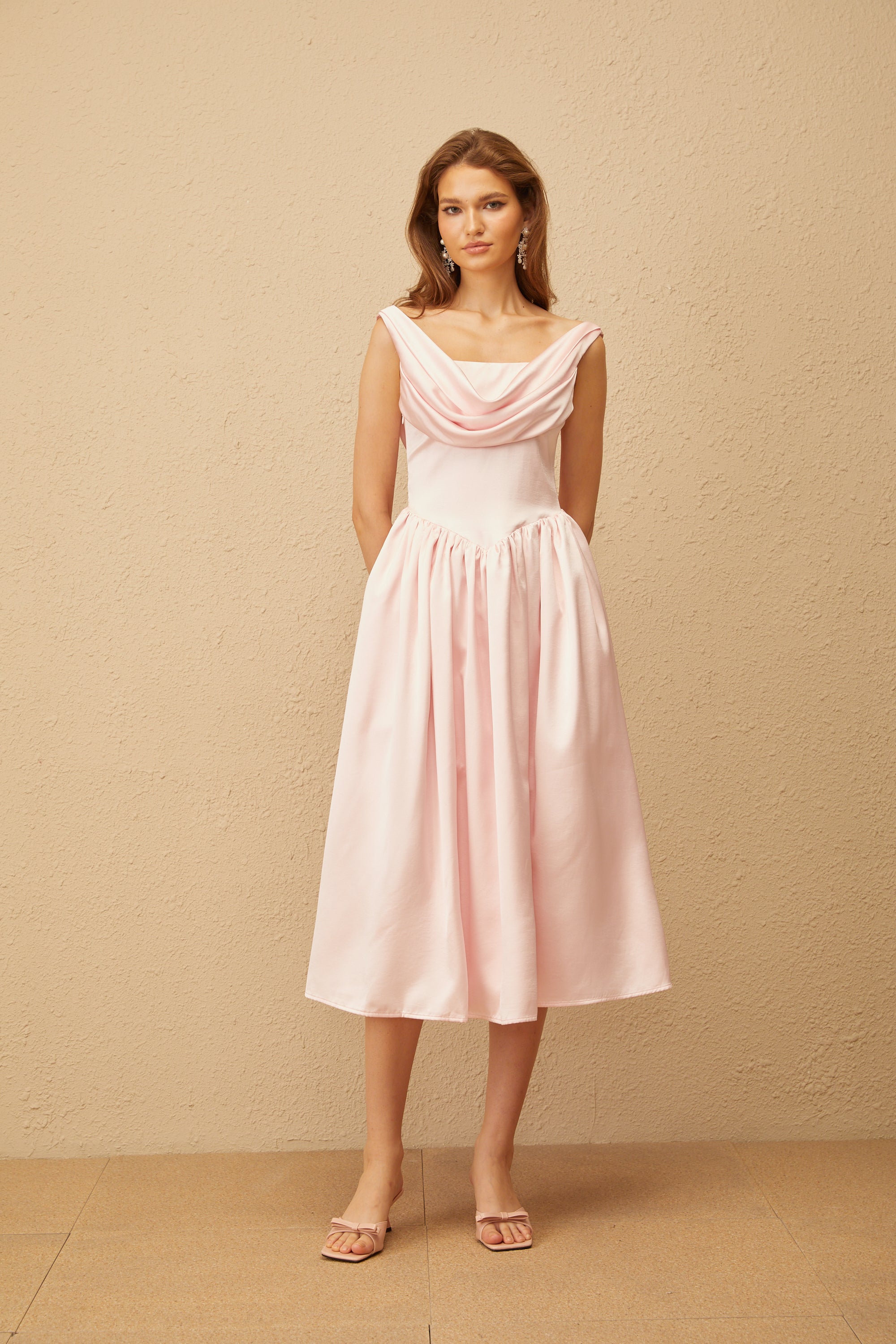 Althéa Pink Cowl Neck Voluminous Midi Dress