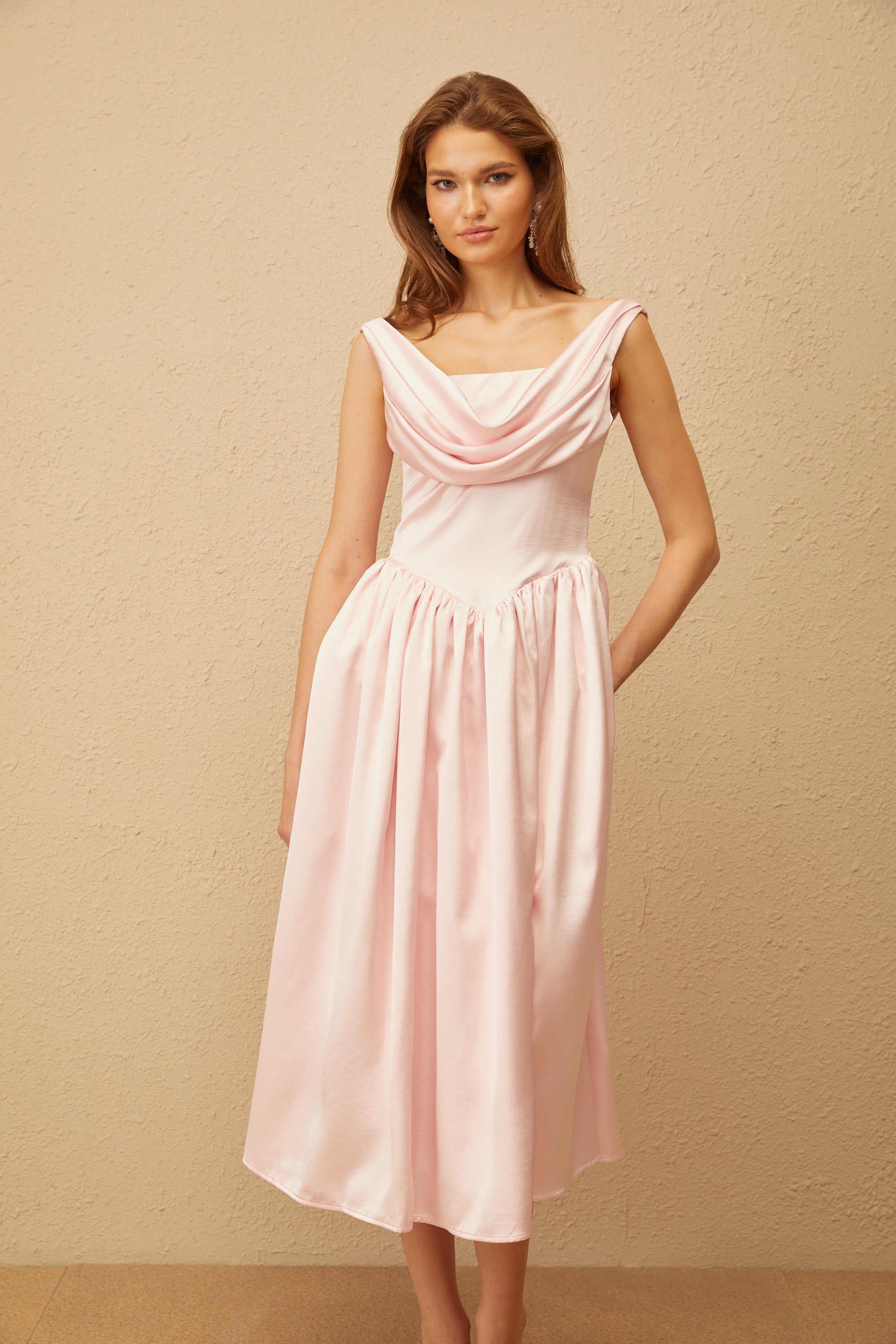 Althéa Pink Cowl Neck Voluminous Midi Dress