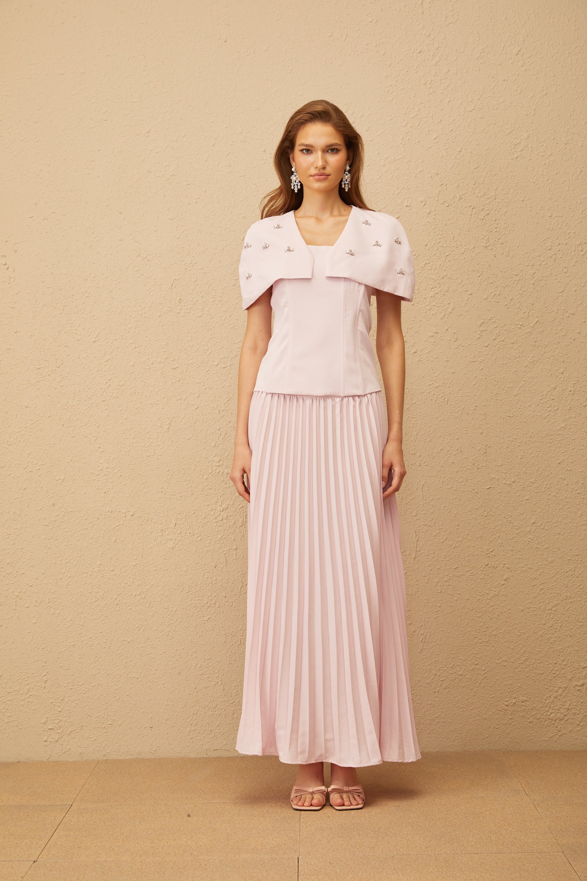 Latika Pink Shawl-Detail Pleated Top & Skirt Co-ord (Final Sale-US Only)