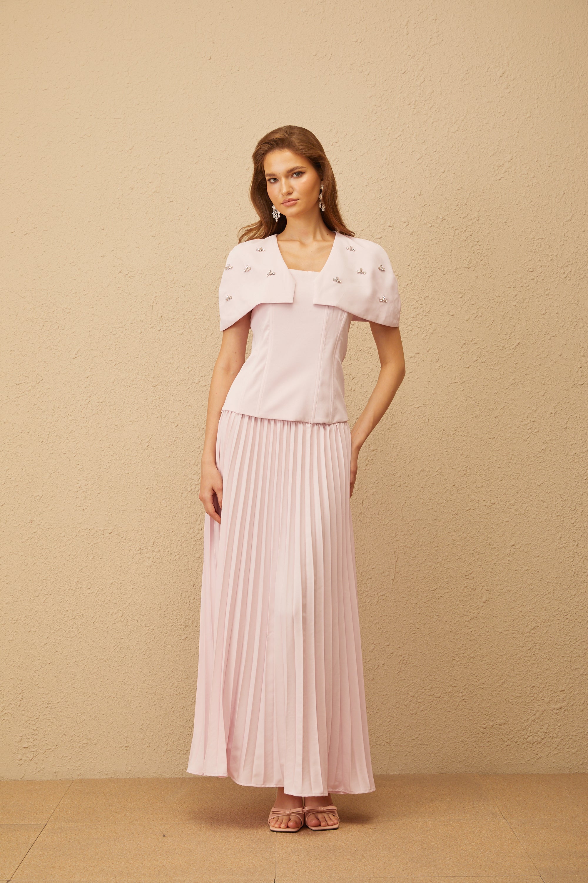Latika Pink Shawl-Detail Pleated Top & Skirt Co-ord (Final Sale-US Only)
