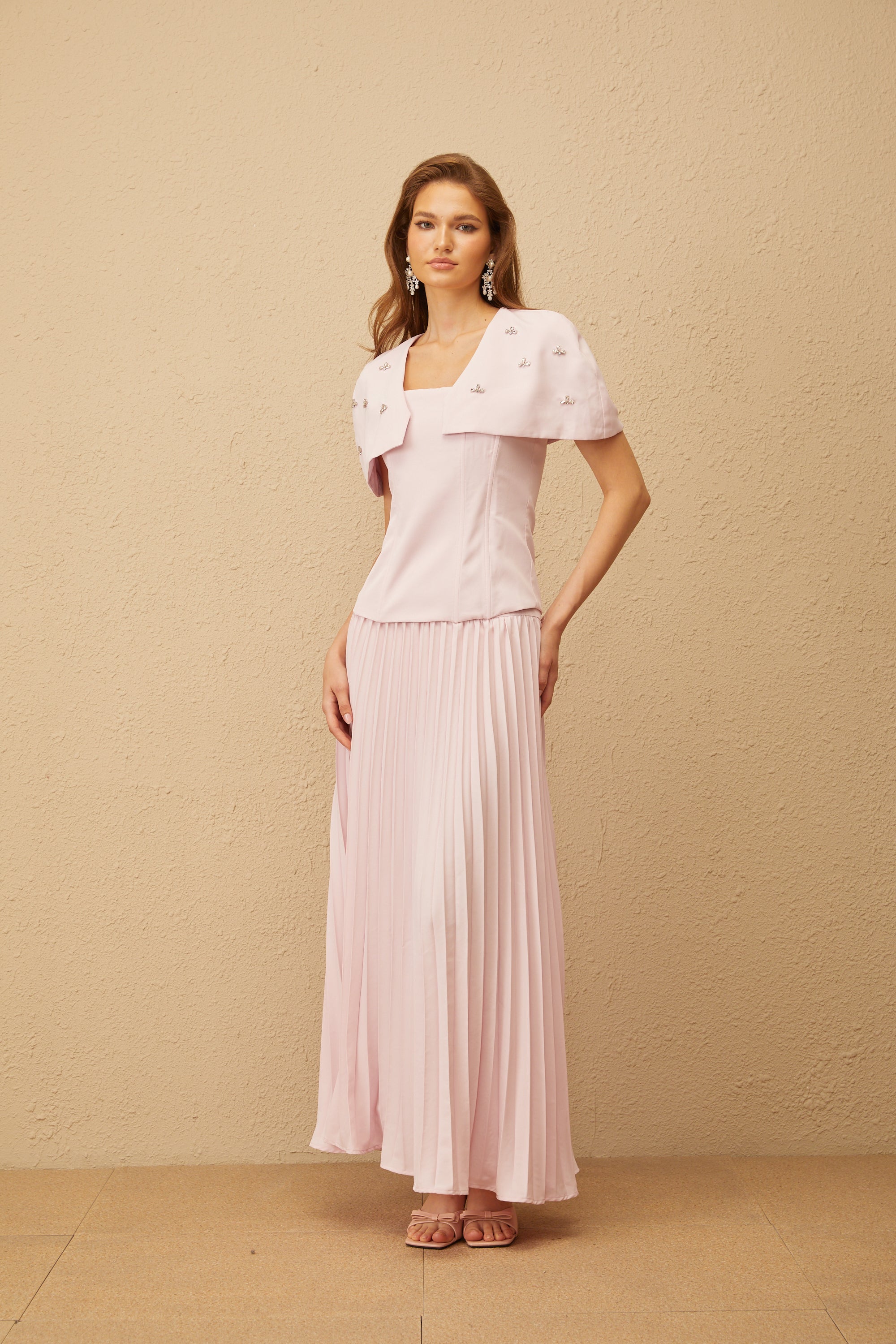 Latika Pink Shawl-Detail Pleated Top & Skirt Co-ord (Final Sale-US Only)