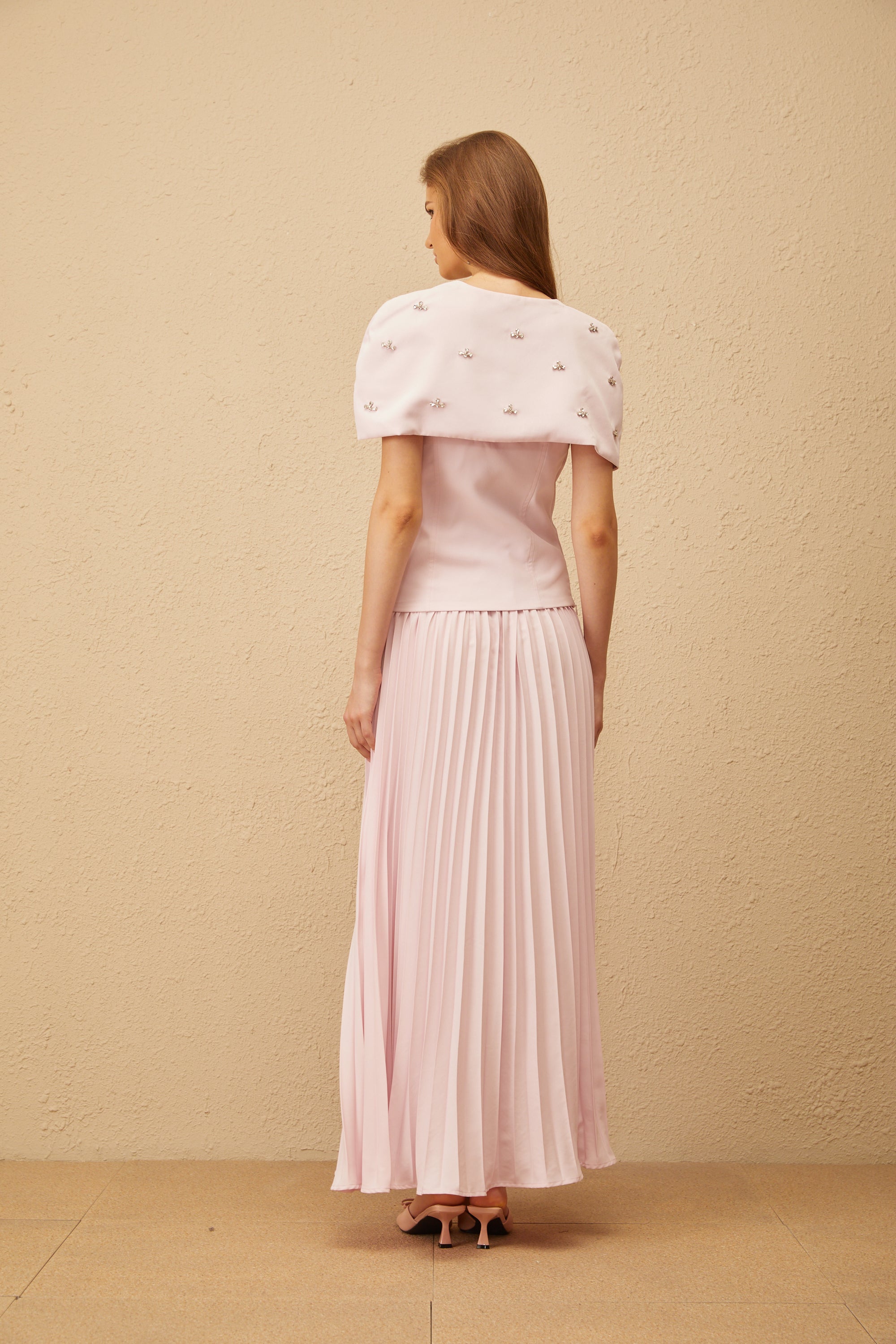 Latika Pink Shawl-Detail Pleated Top & Skirt Co-ord (Final Sale-US Only)