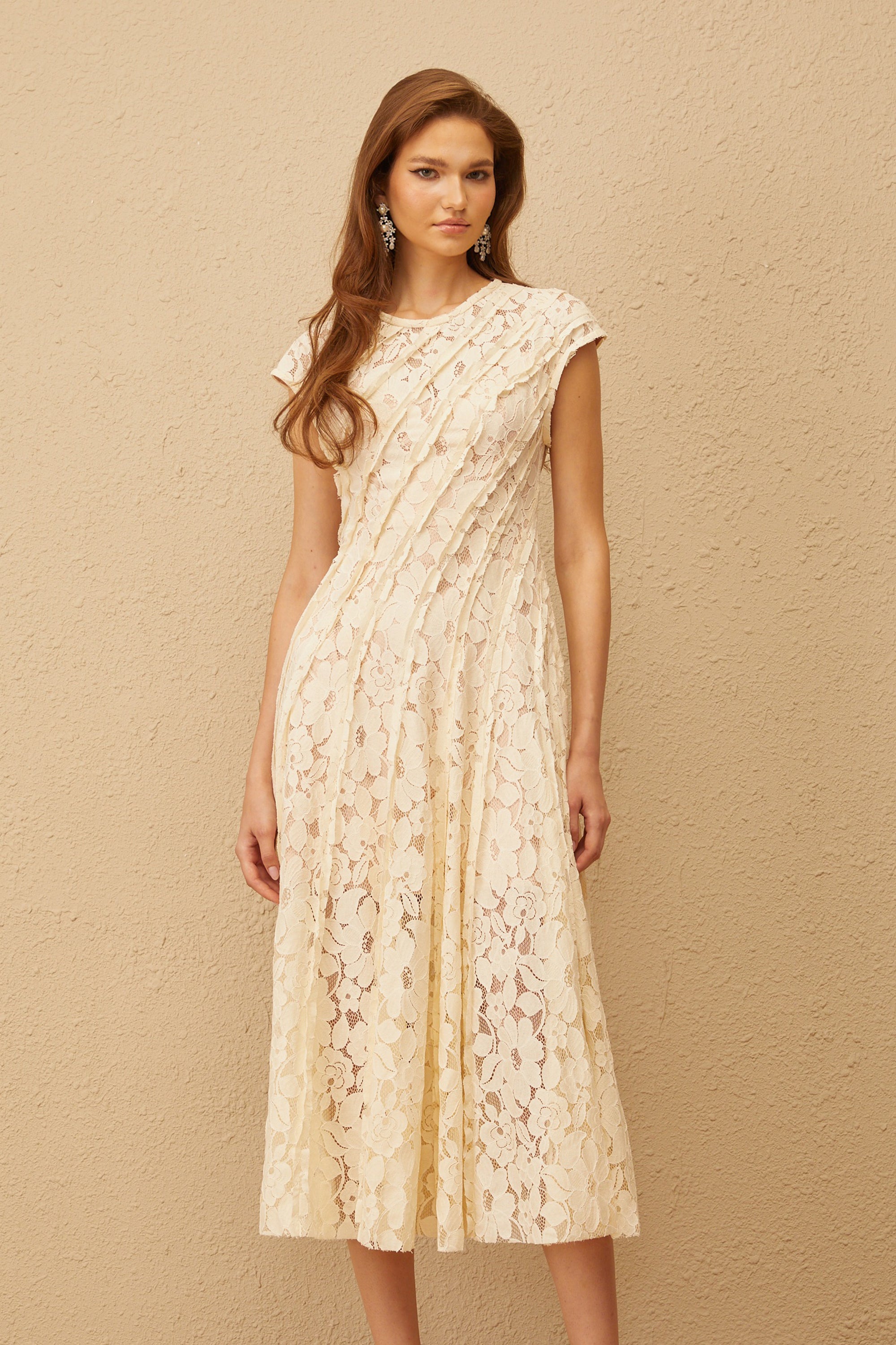 Adèle Neutral Floral Lace Midi Dress