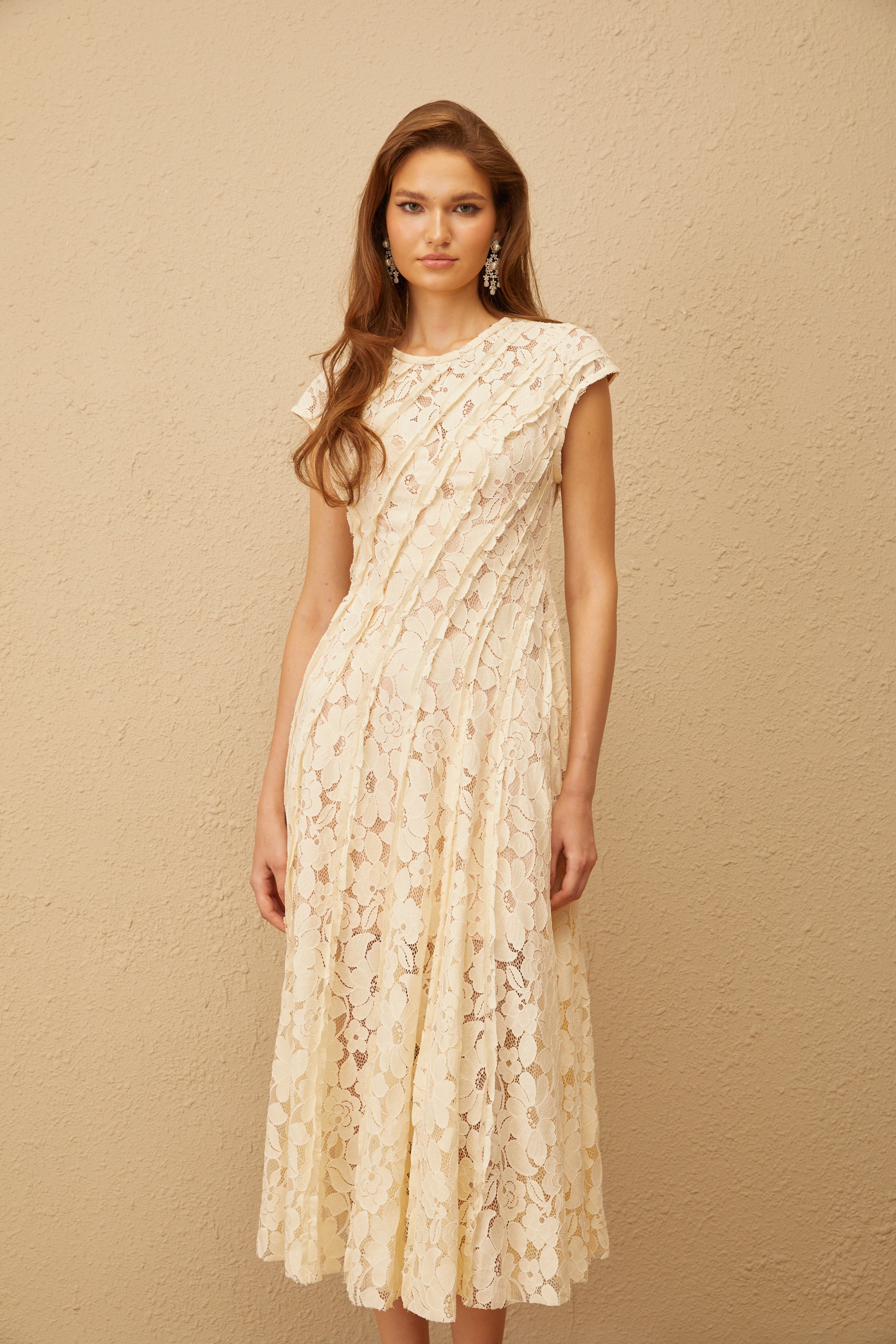Adèle Neutral Floral Lace Midi Dress