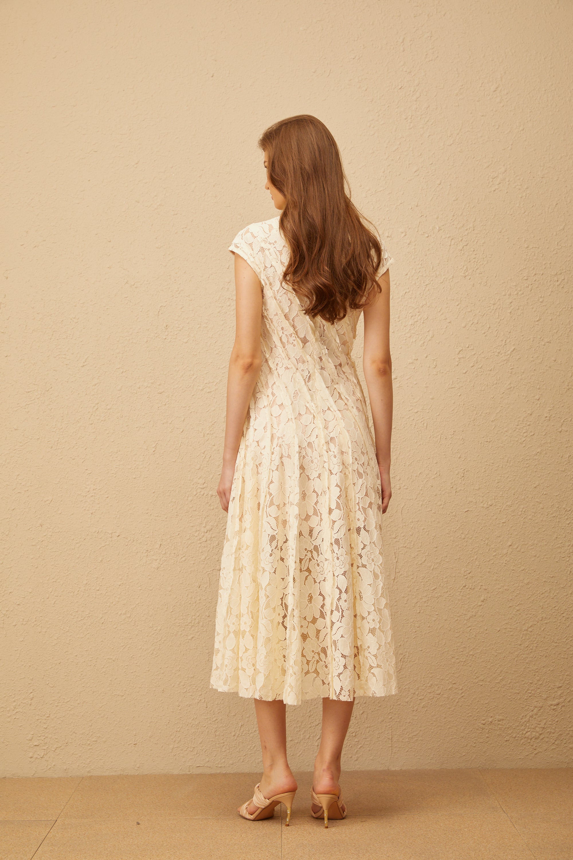 Adèle Neutral Floral Lace Midi Dress