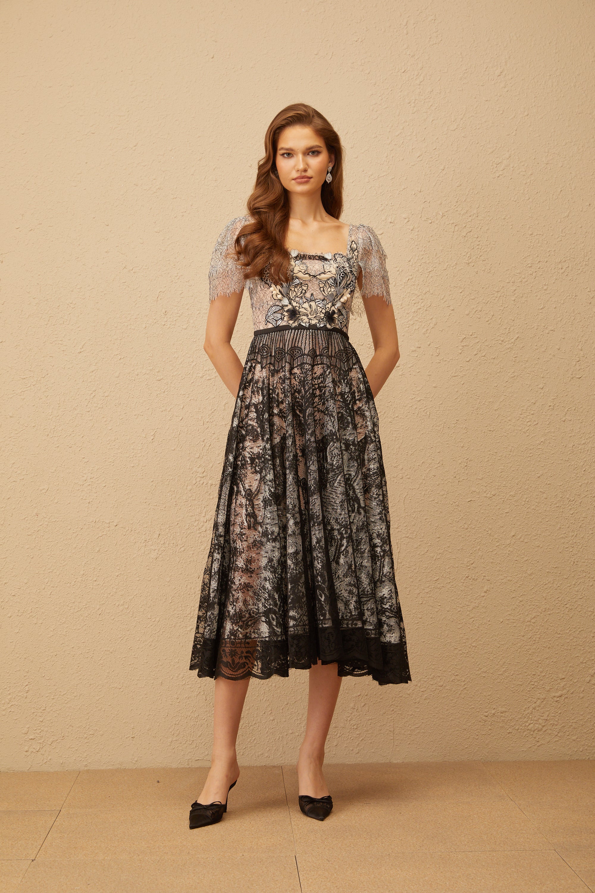 Océane Black Floral Embroidered Lace Midi Dress