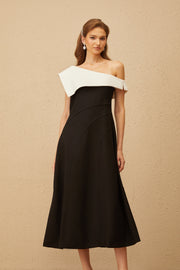 Mélanie Color Block Asymmetrical Midi Dress - black