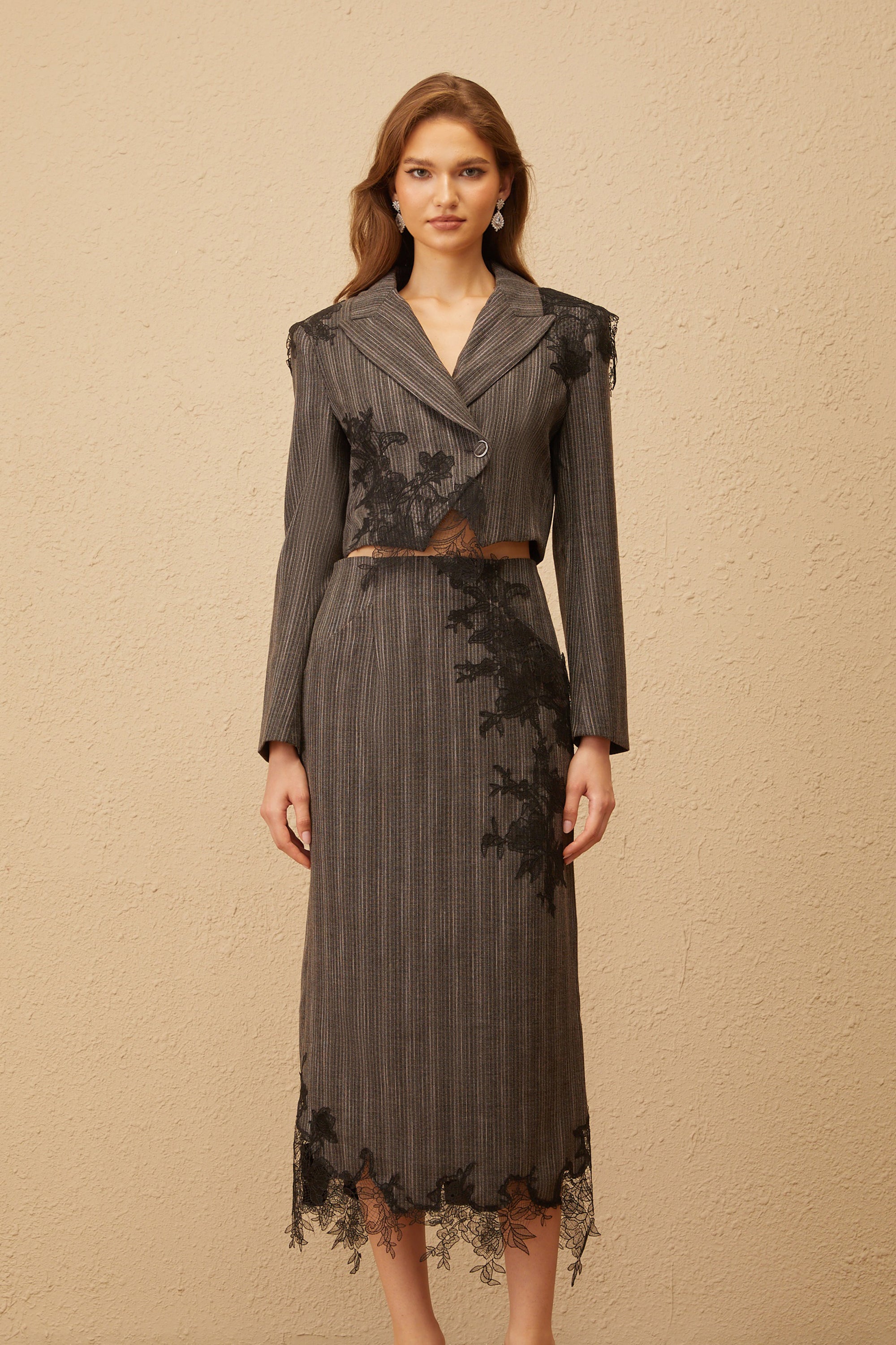 Sidonie Grey Floral Appliqué Striped Blazer & Skirt Set (Final Sale-US Only)