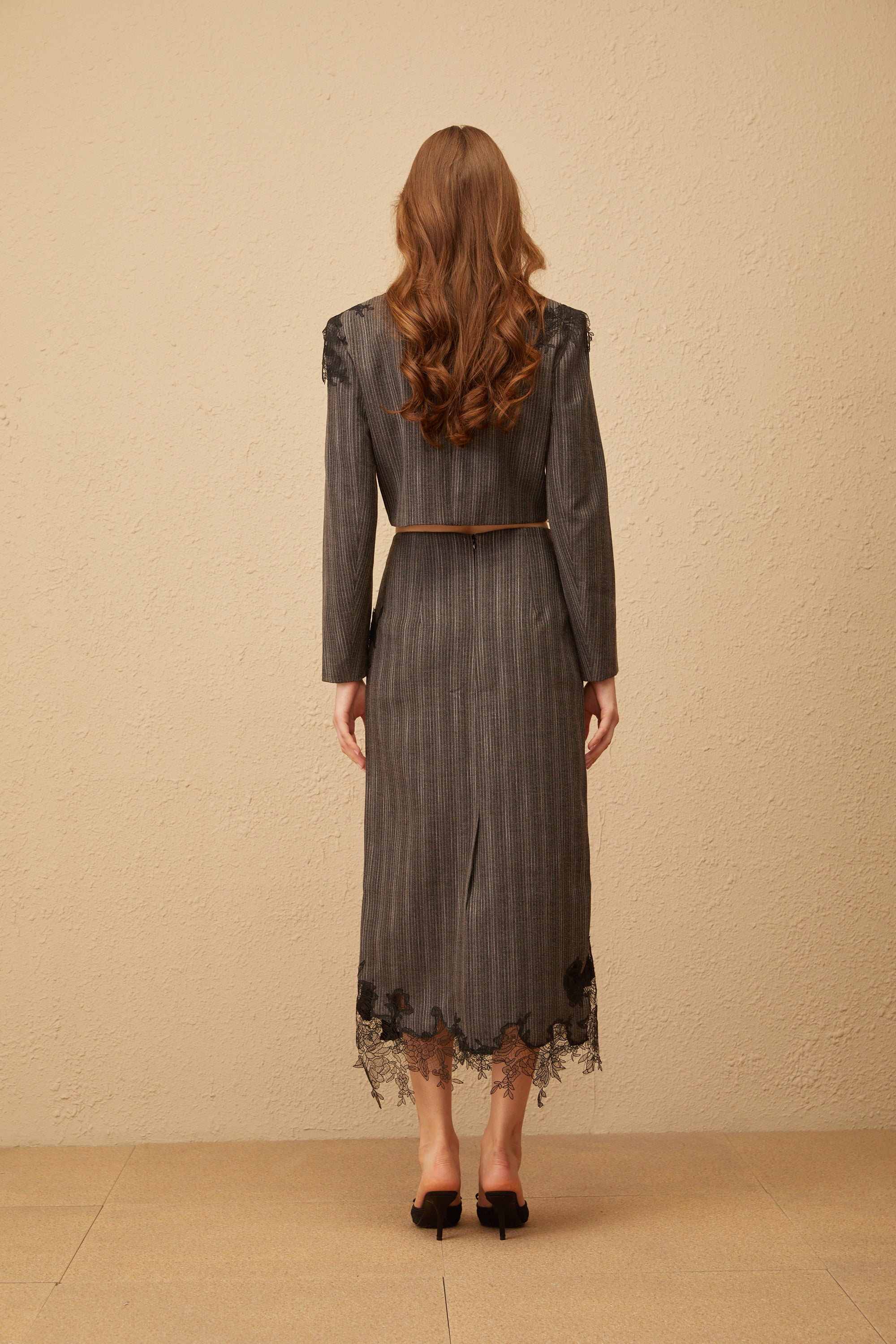 Sidonie Grey Floral Appliqué Striped Blazer & Skirt Set