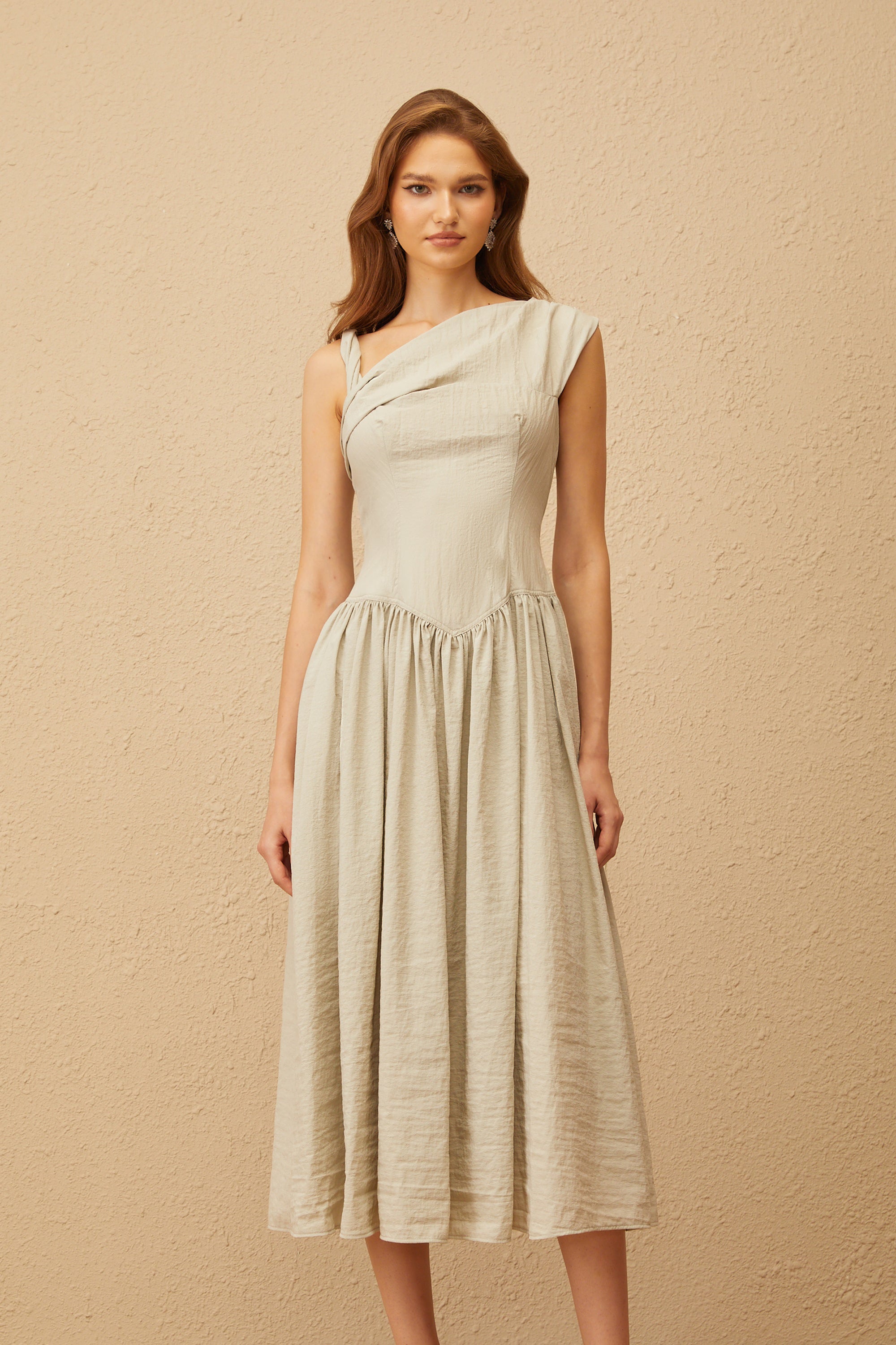 Thorne Bean Green Asymmetrical Midi Dress