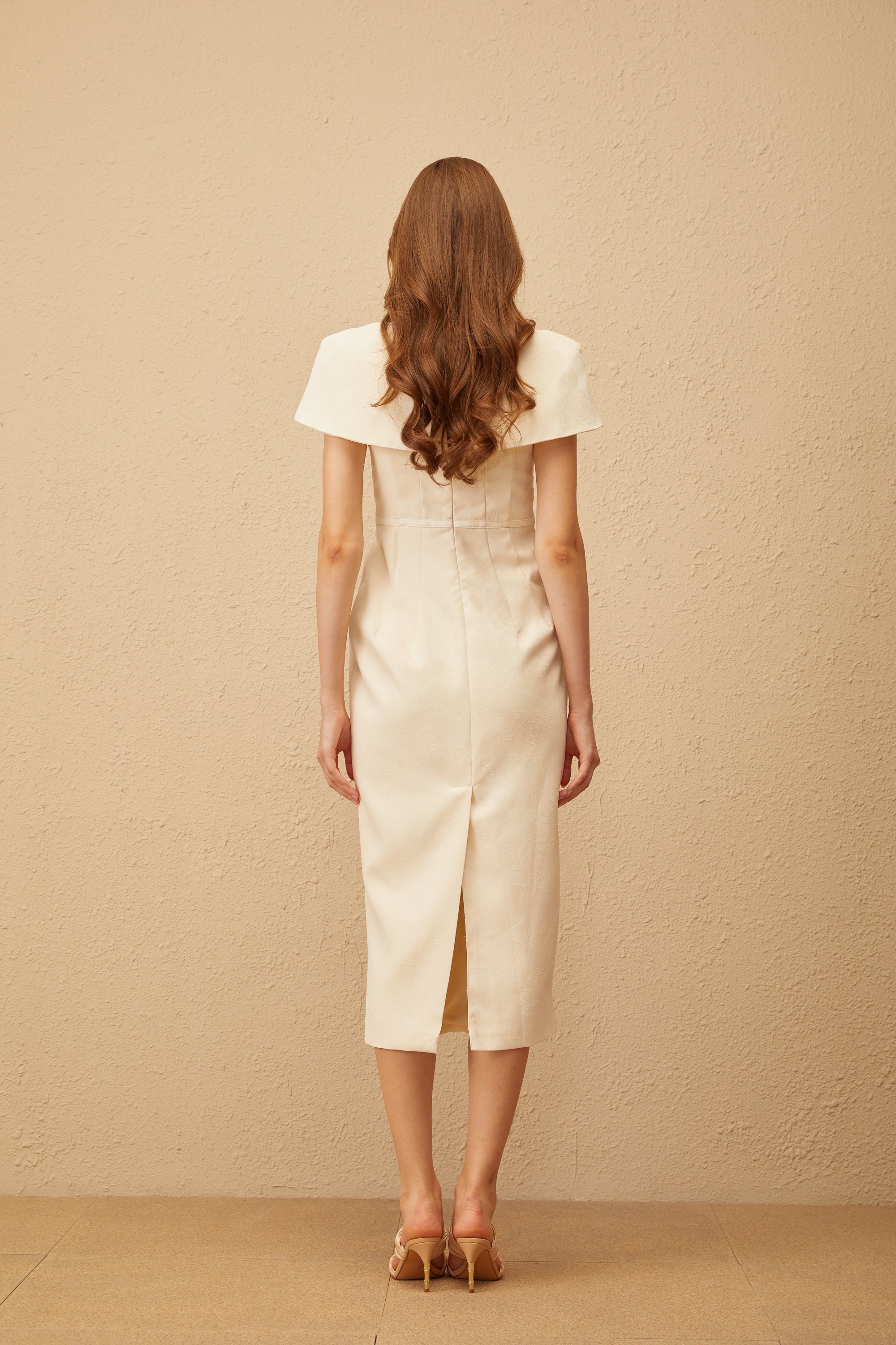 Antoinette Neutral Floral Jacquard Bowknot Midi Dress