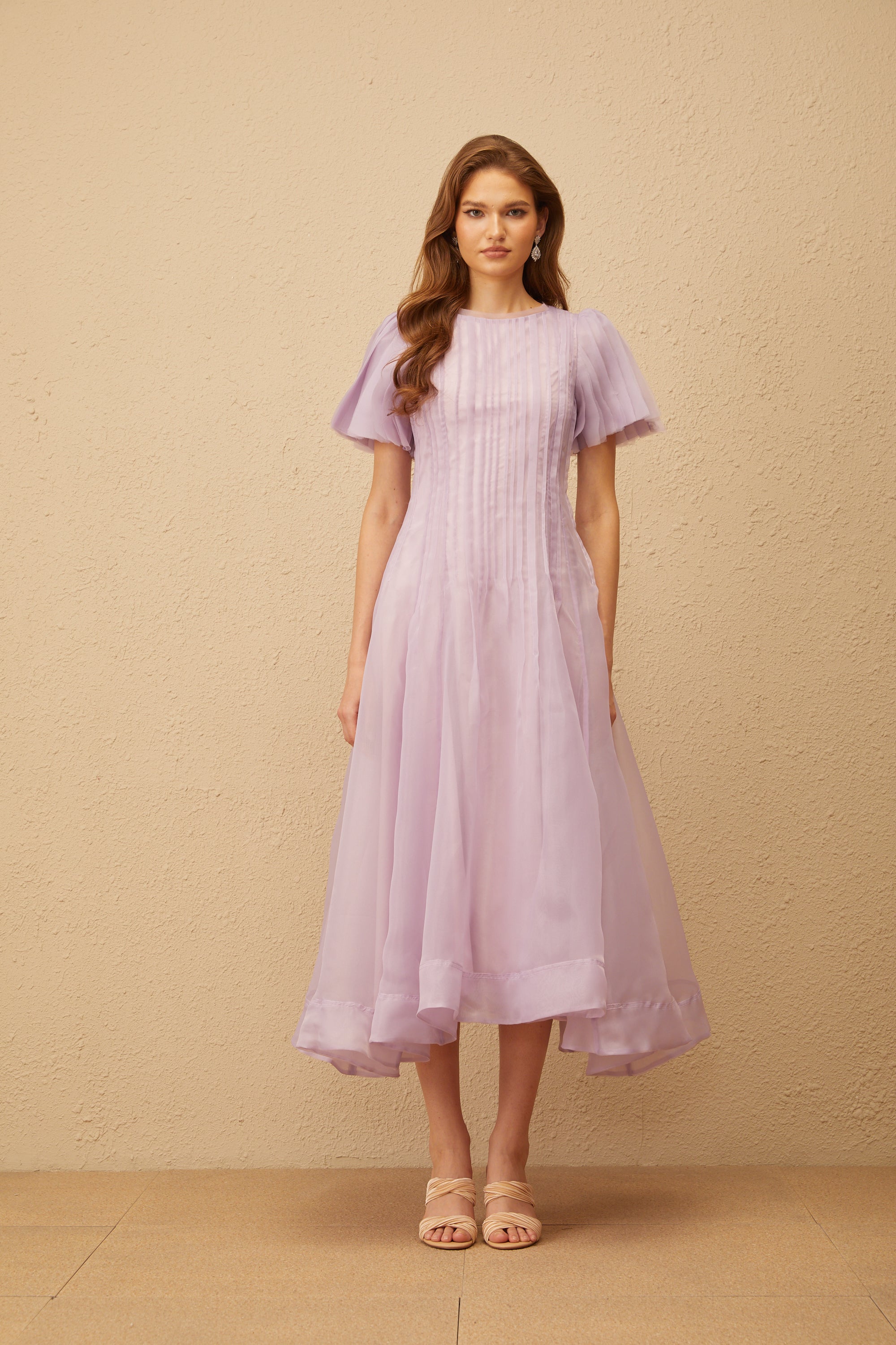 Léna Light Purple Pleated Organza Midi Dress