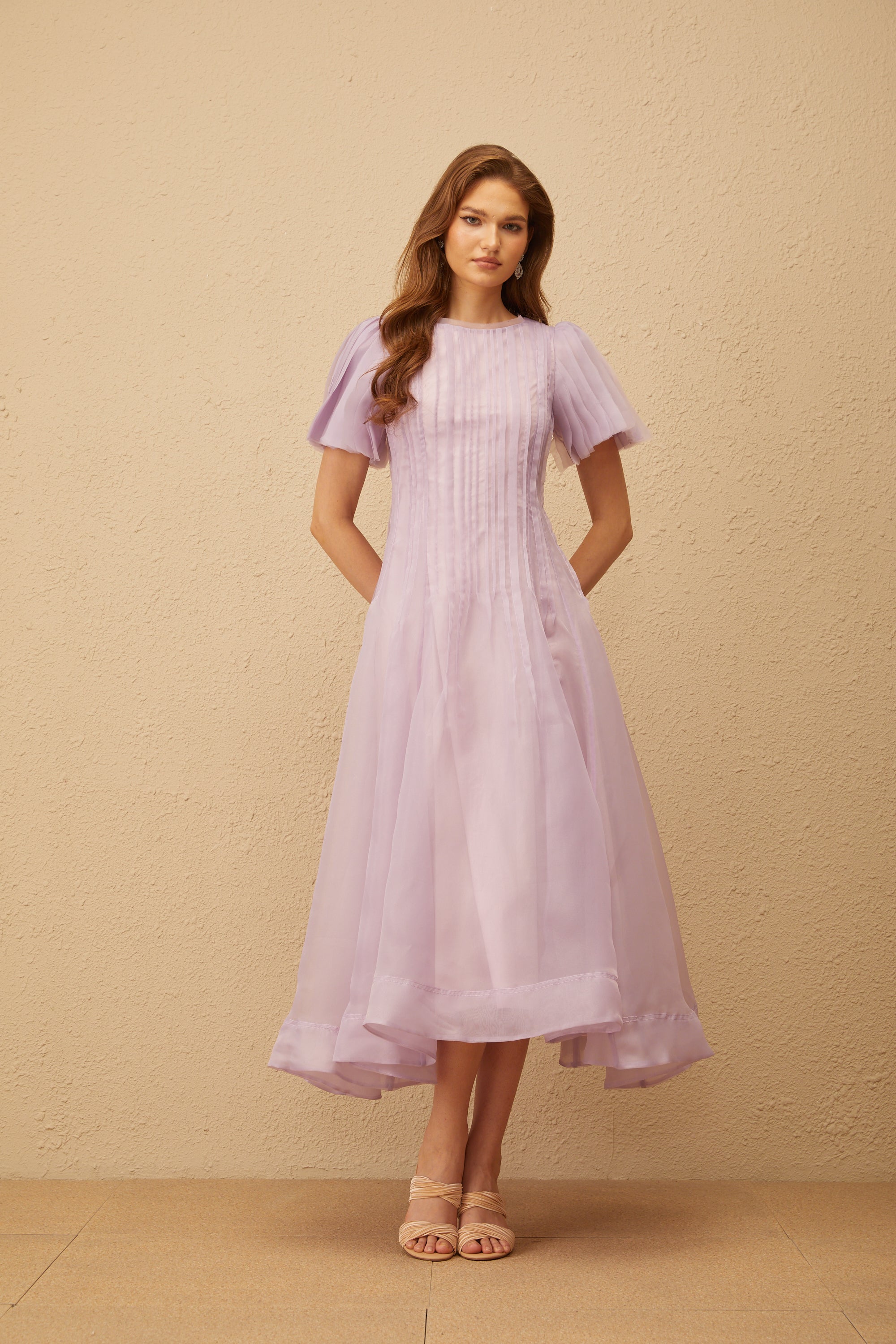 Léna Light Purple Pleated Organza Midi Dress