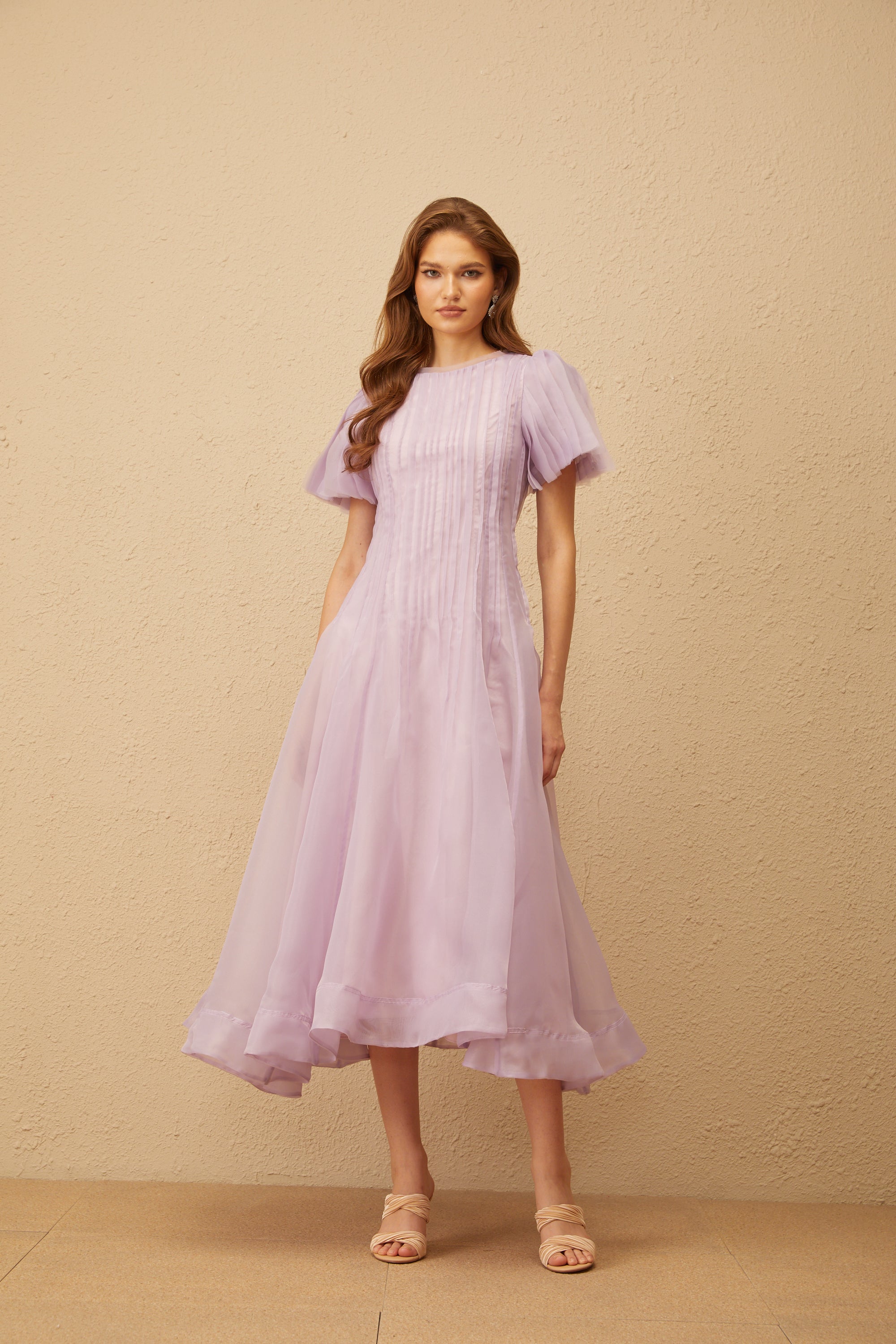 Léna Light Purple Pleated Organza Midi Dress