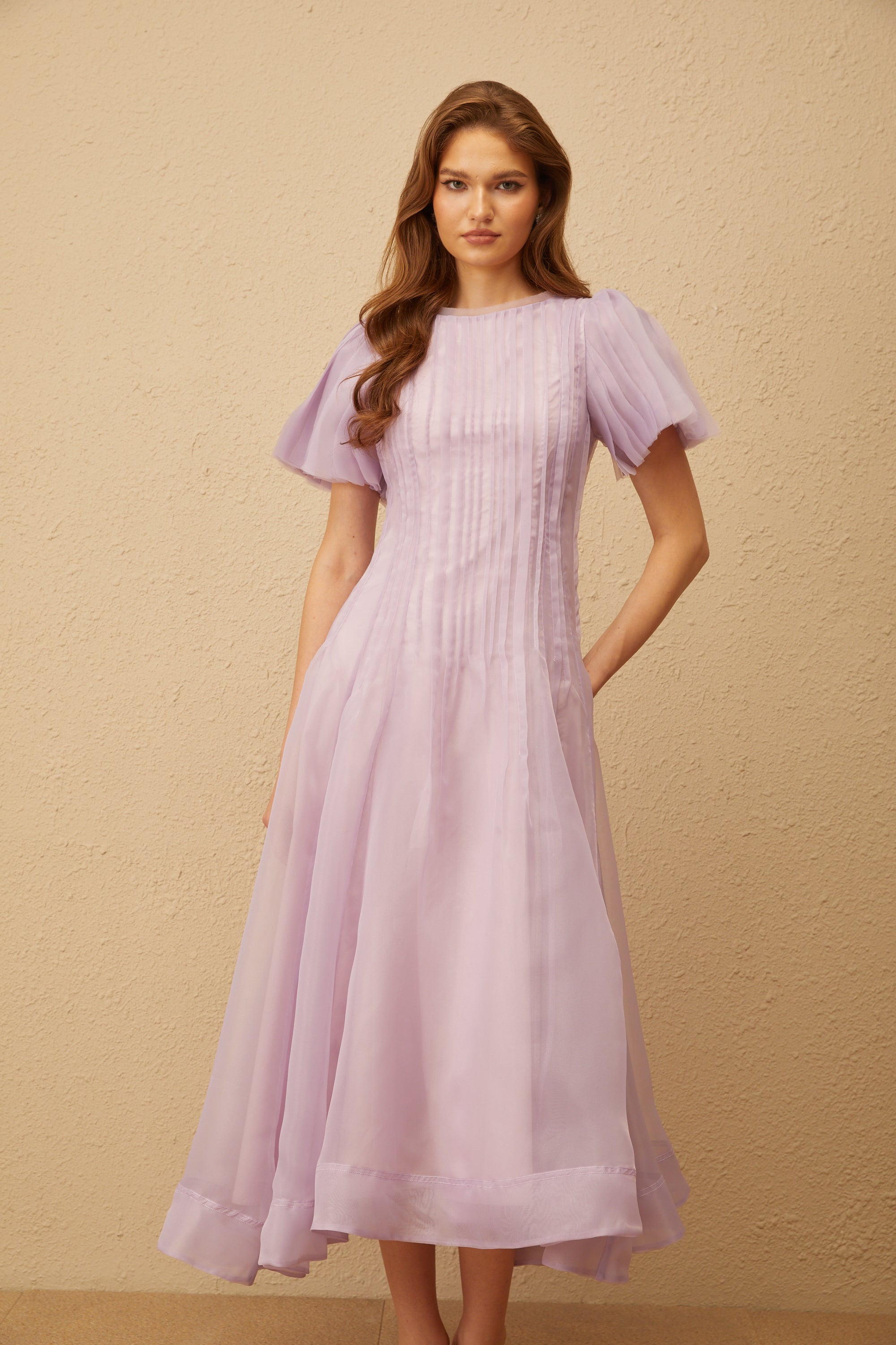 Léna Light Purple Pleated Organza Midi Dress