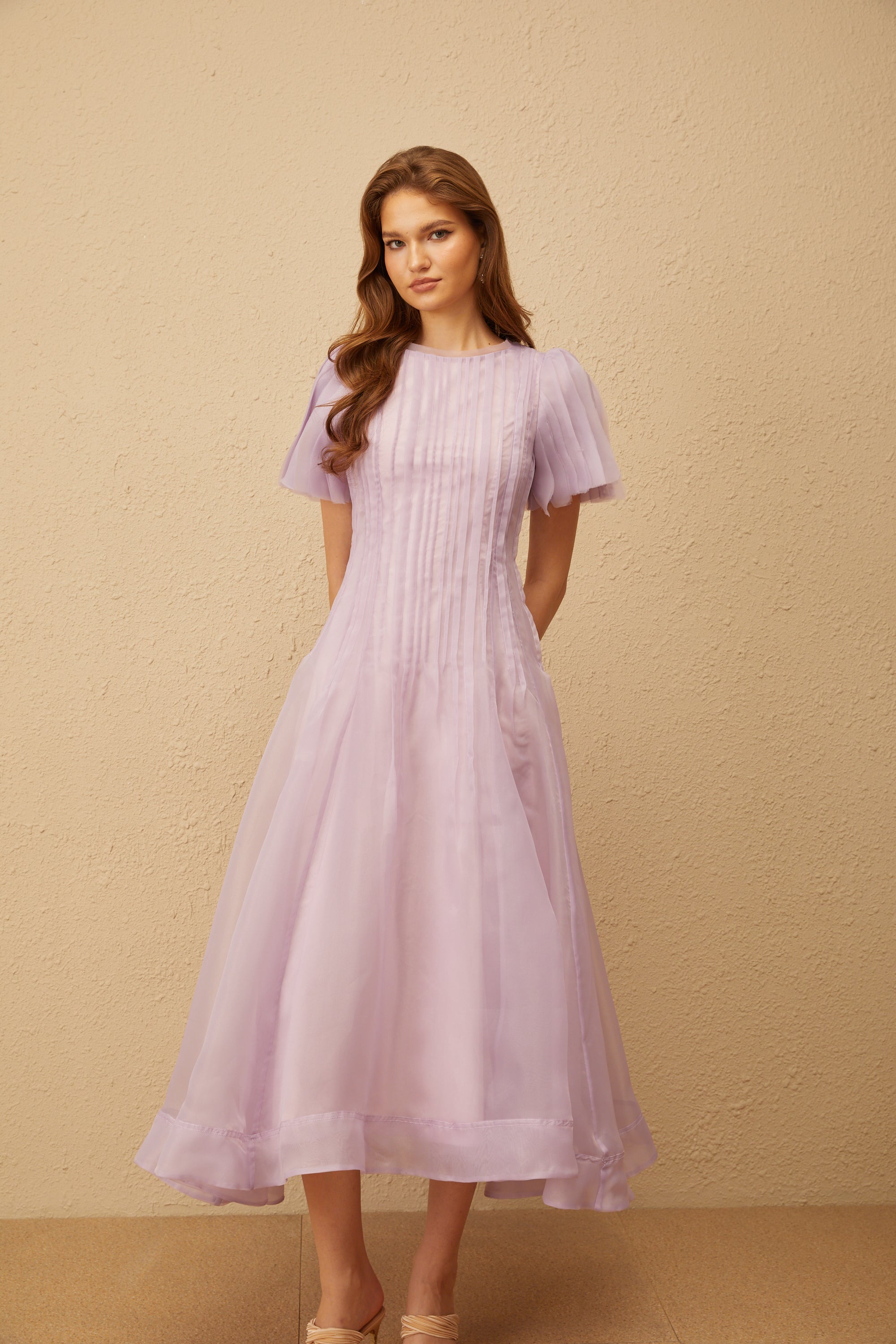 Léna Light Purple Pleated Organza Midi Dress