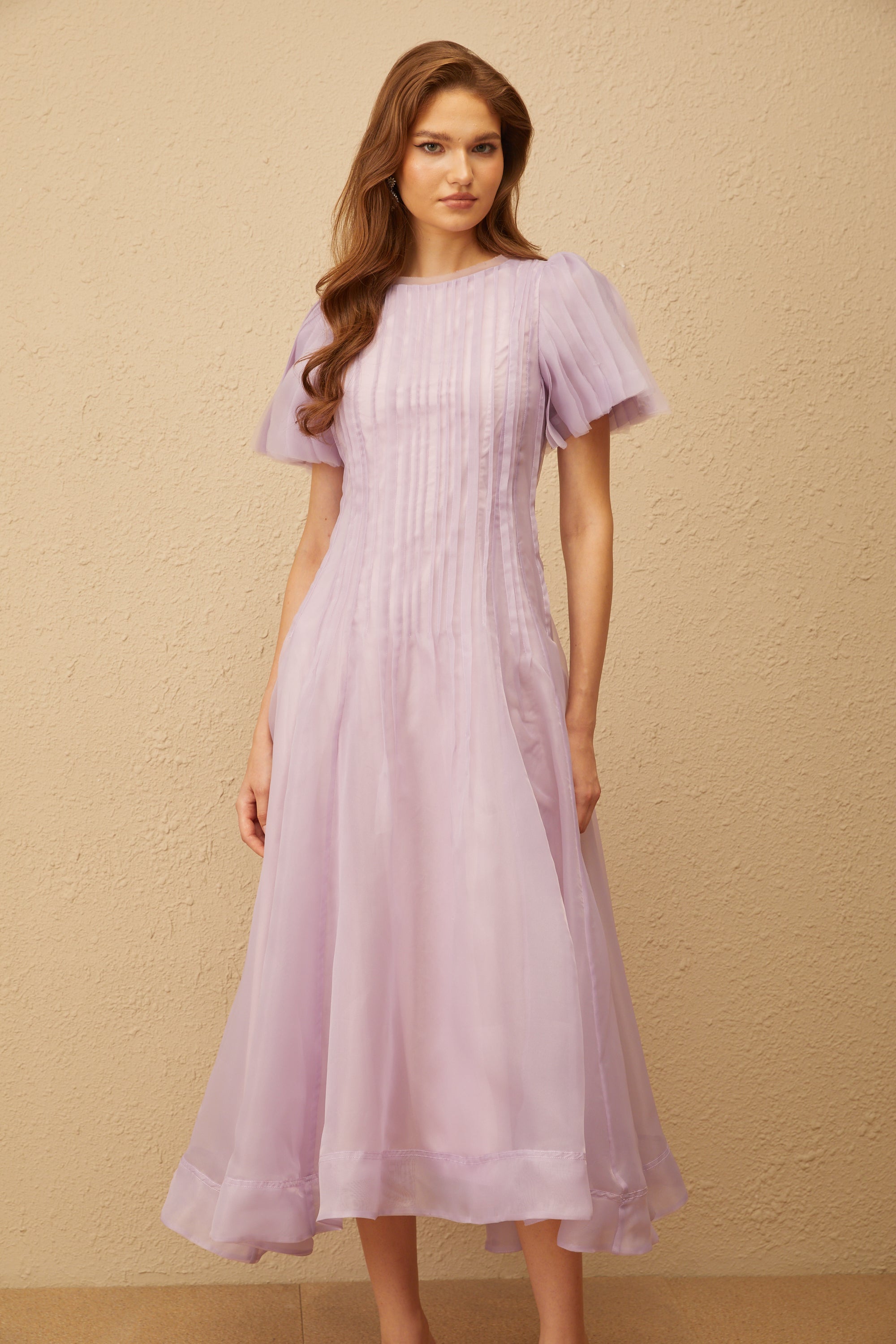 Léna Light Purple Pleated Organza Midi Dress