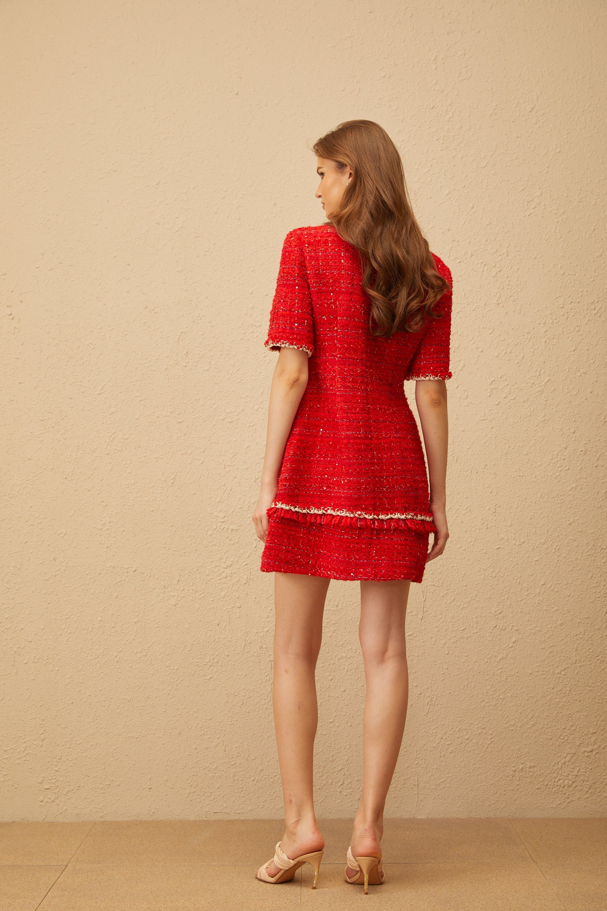 Aurore Red Floral Appliqué Tweed Mini Dress