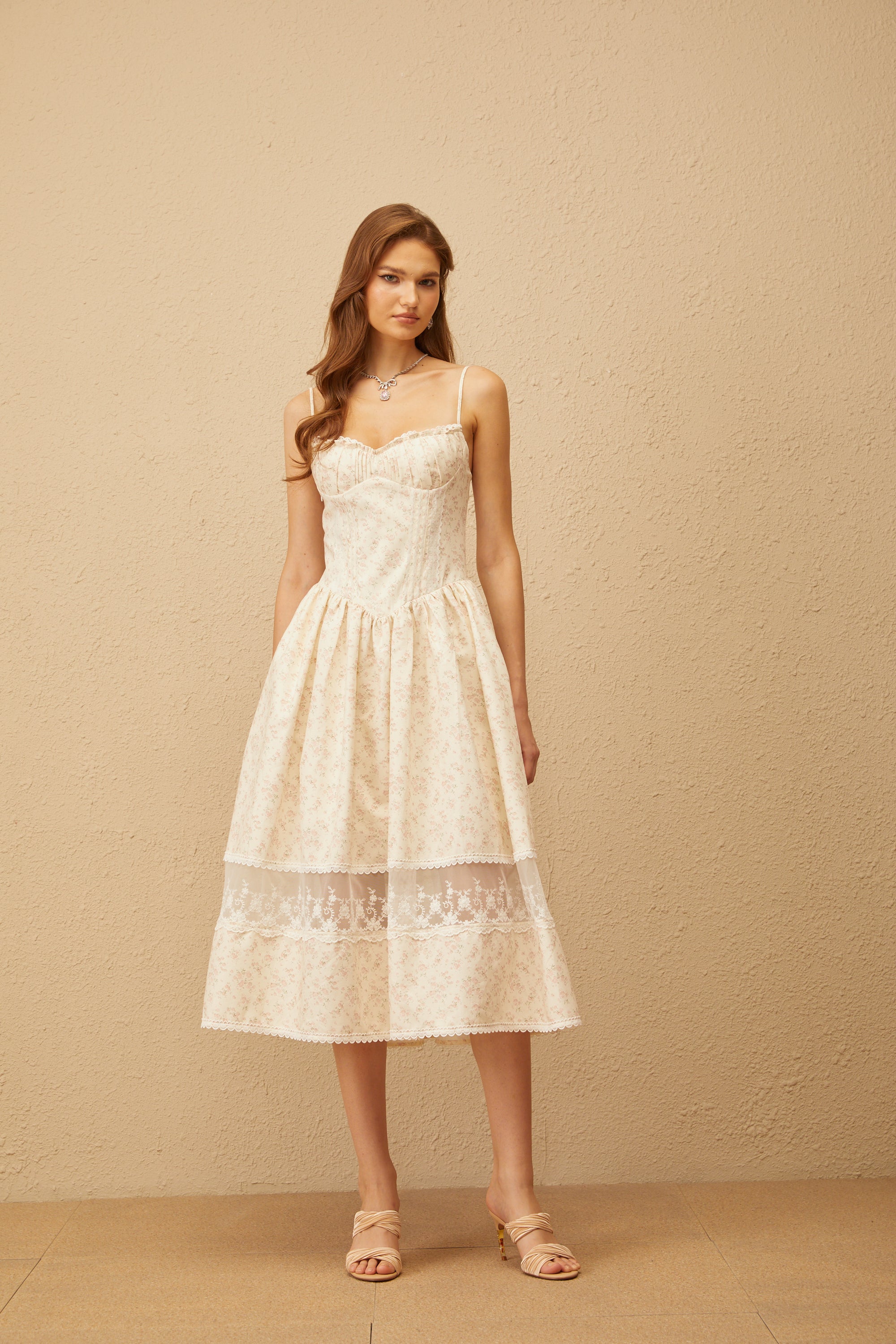 Caroline Neutral Lace Trim Floral Midi Dress