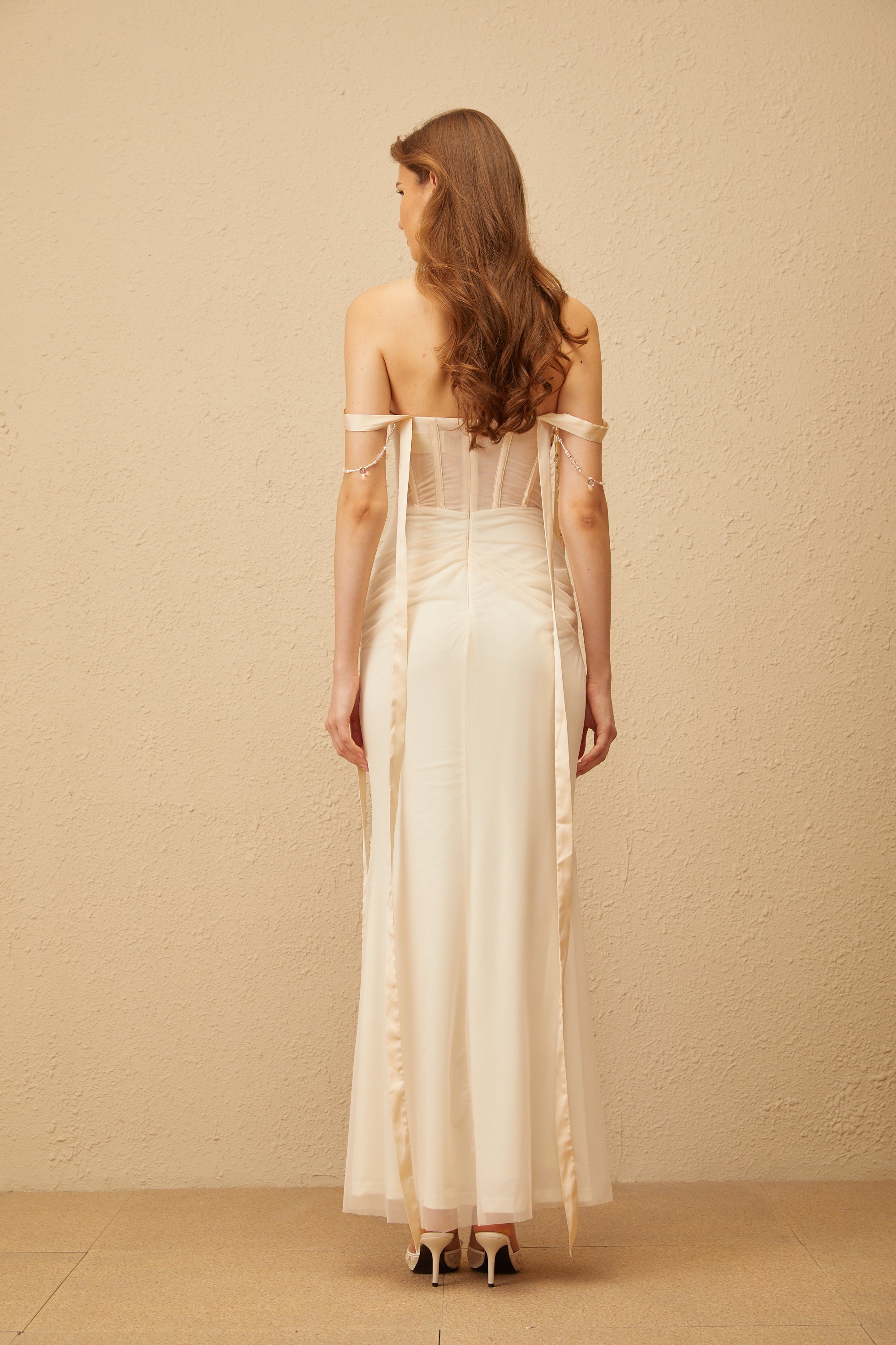 Lorraine Neutral Ruched Mesh Corset Maxi Dress