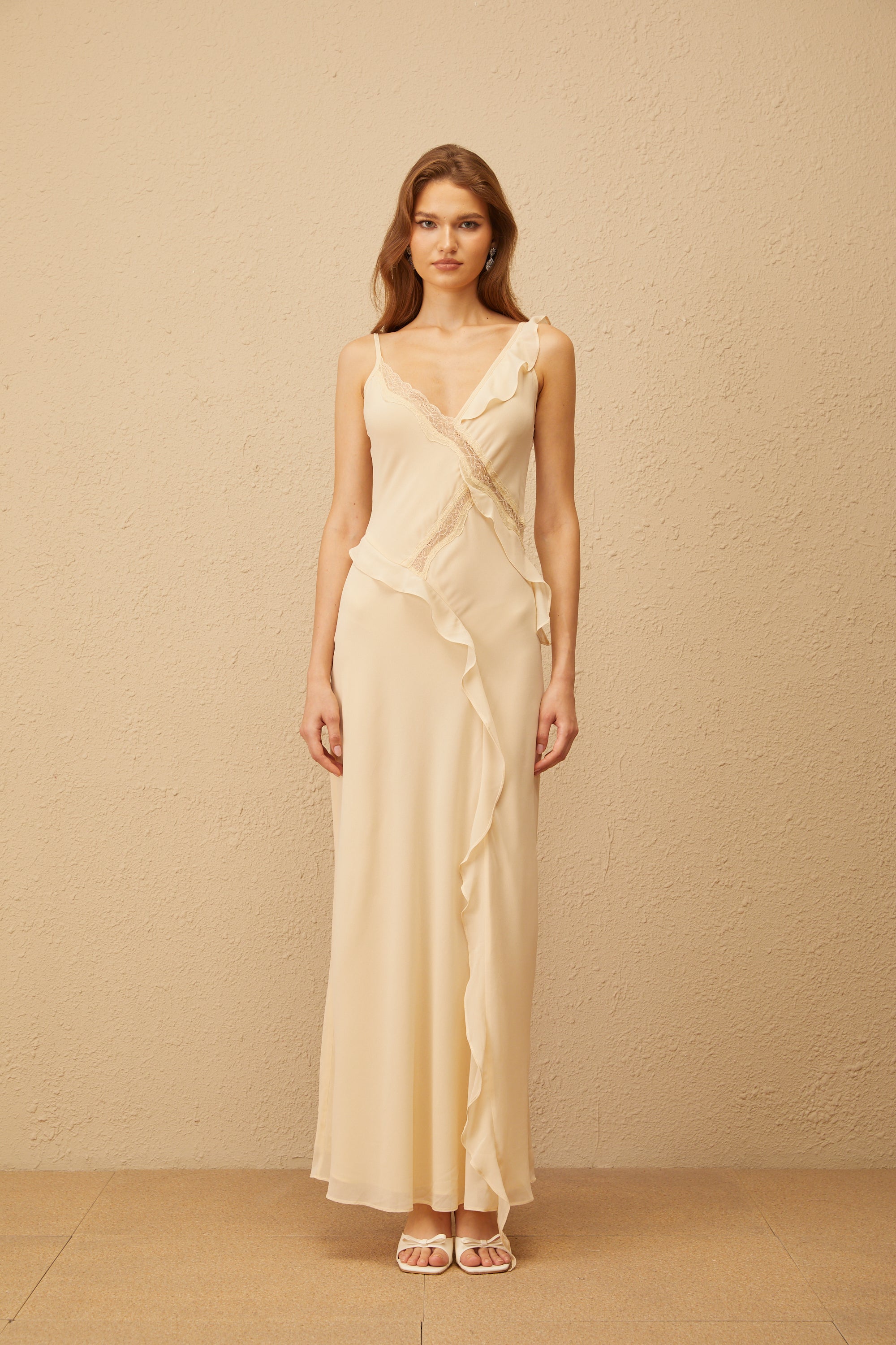 Mathilde Neutral Aysmmetrical Ruffled Trim Maxi Dress (Final Sale)