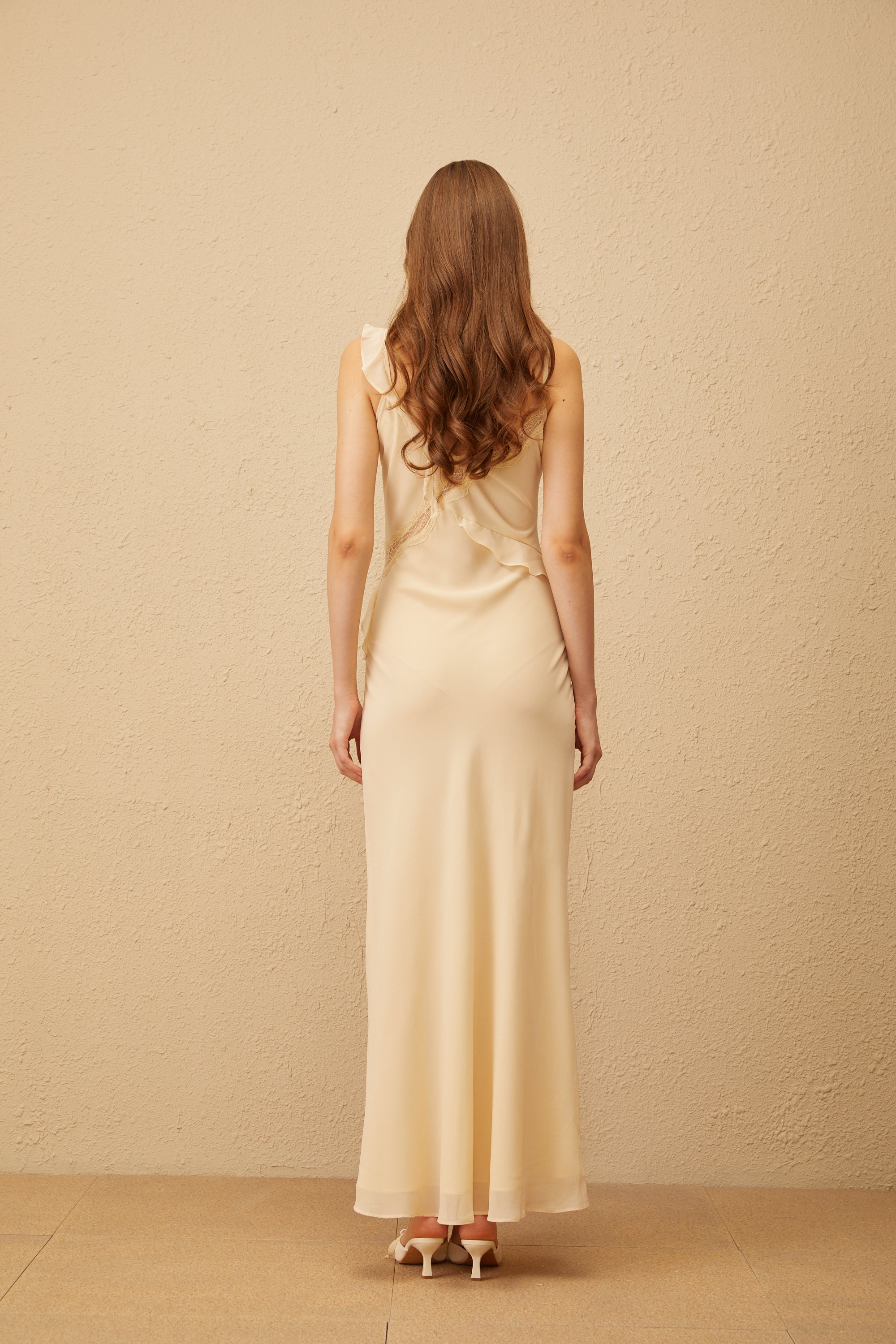 Mathilde Neutral Aysmmetrical Ruffled Trim Maxi Dress