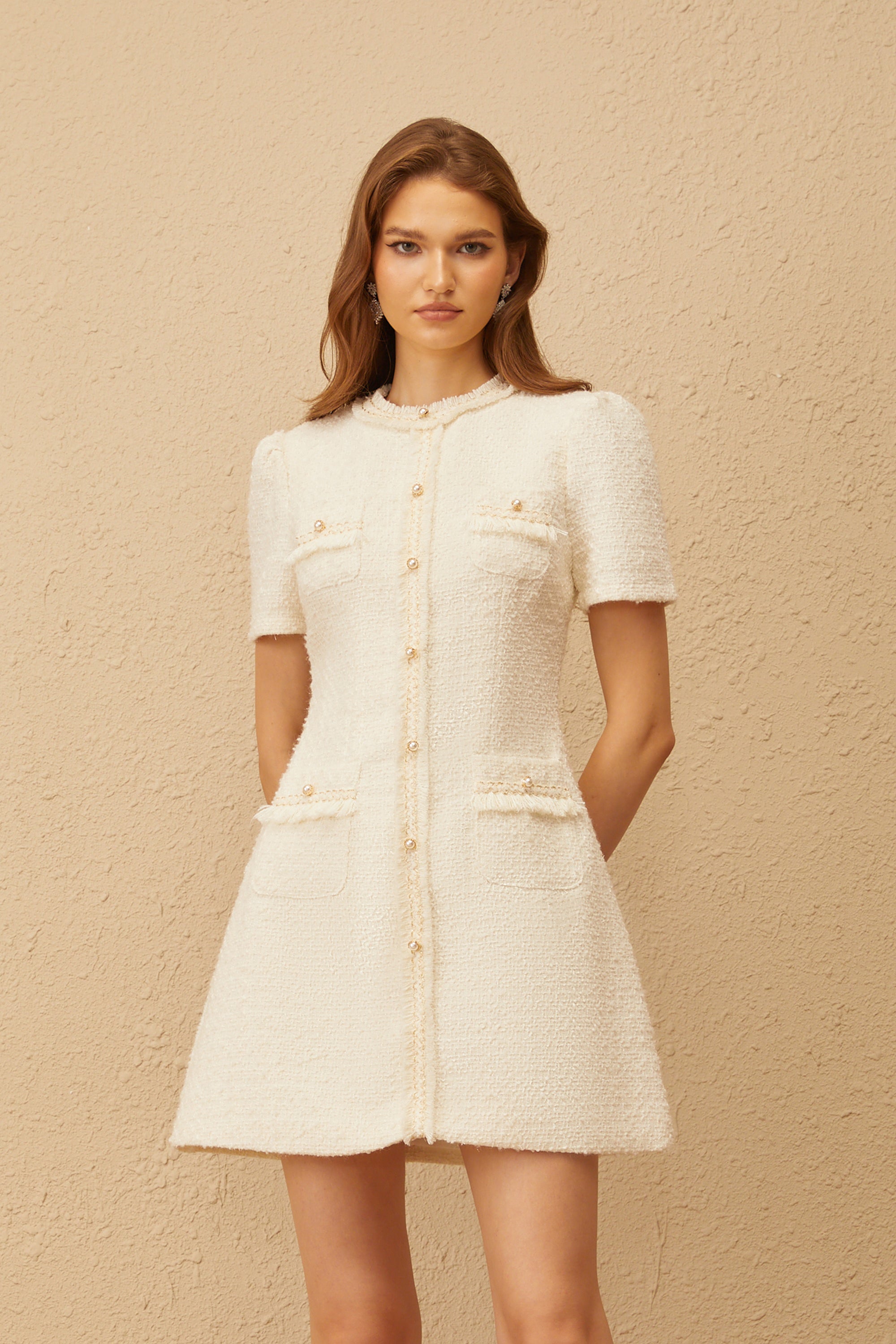 Gaëlle White Faux Pearl Tweed Mini Dress (Final Sale-US Only)
