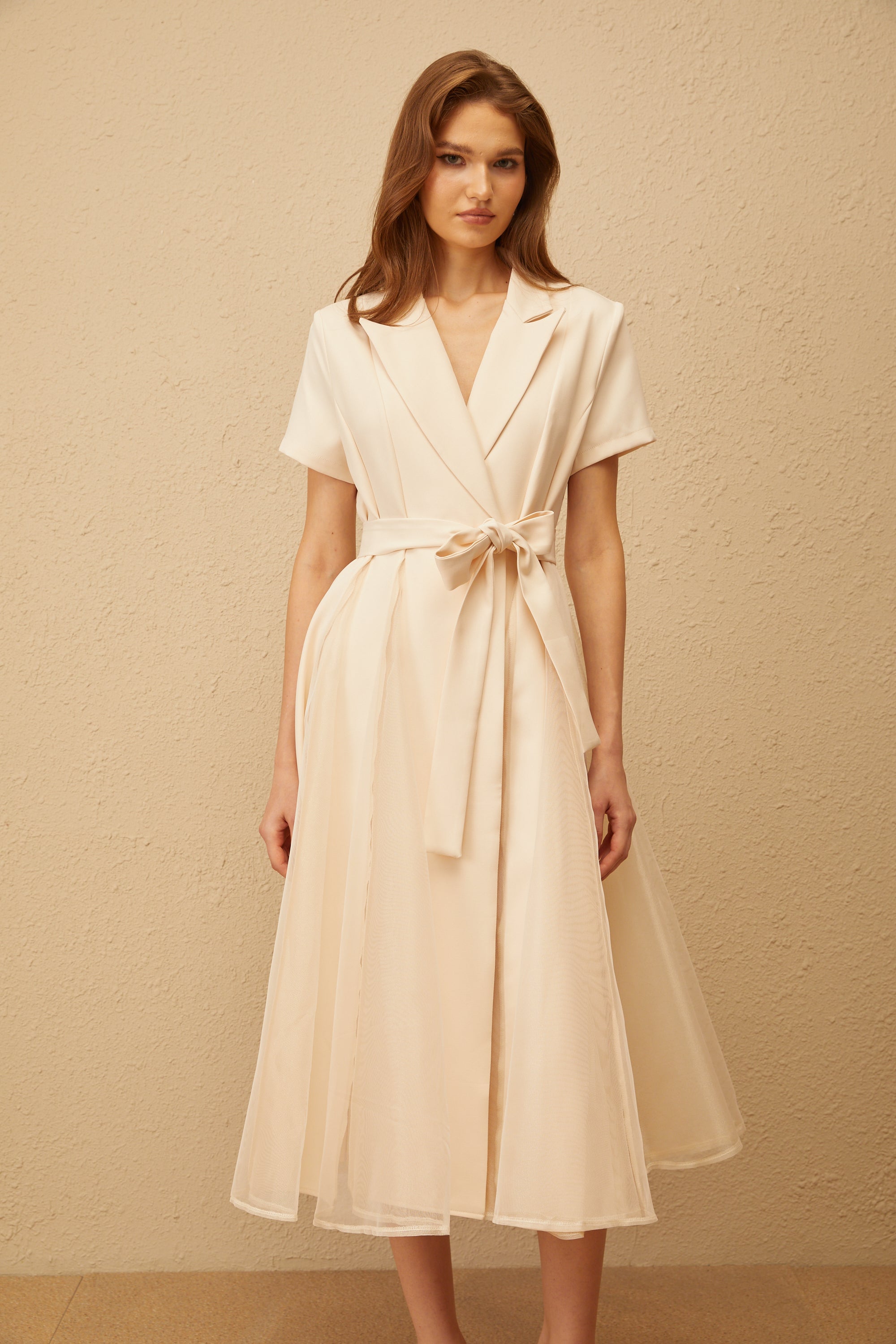 Aurore Neutral Tulle Panel Wraped Midi Dress