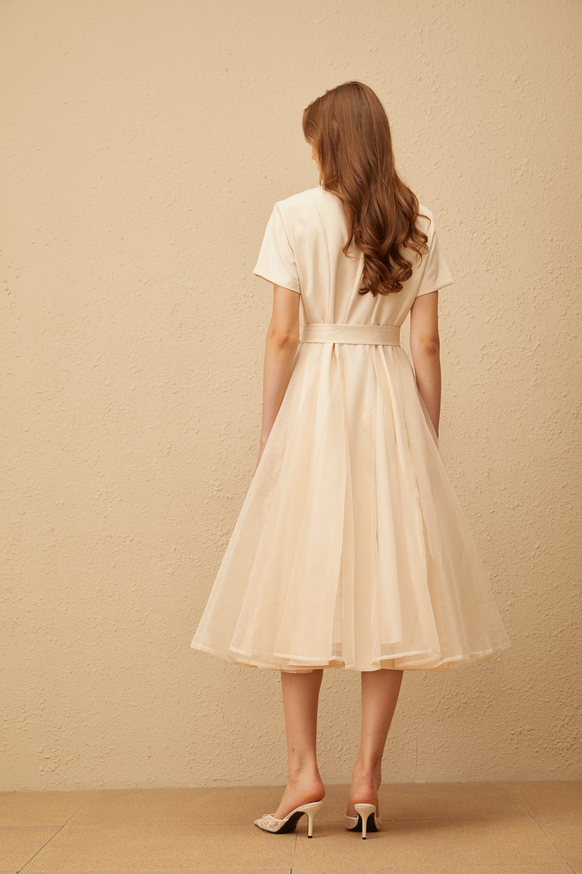 Aurore Neutral Tulle Panel Wraped Midi Dress (Final Sale-US Only)