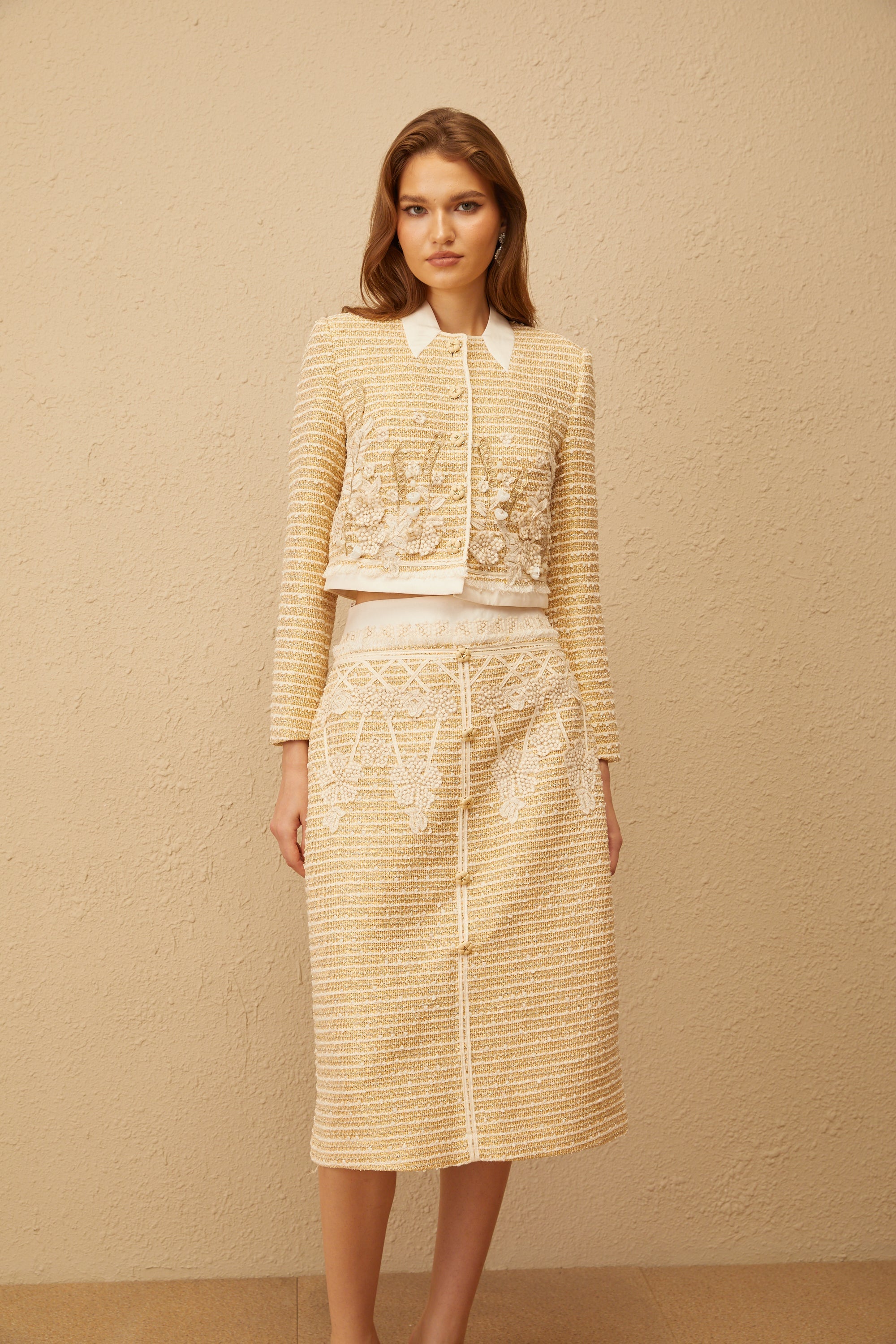 Catalina Neutral Floral Jacquard Tweed Jacket & Skirt Set (Final Sale-US Only)