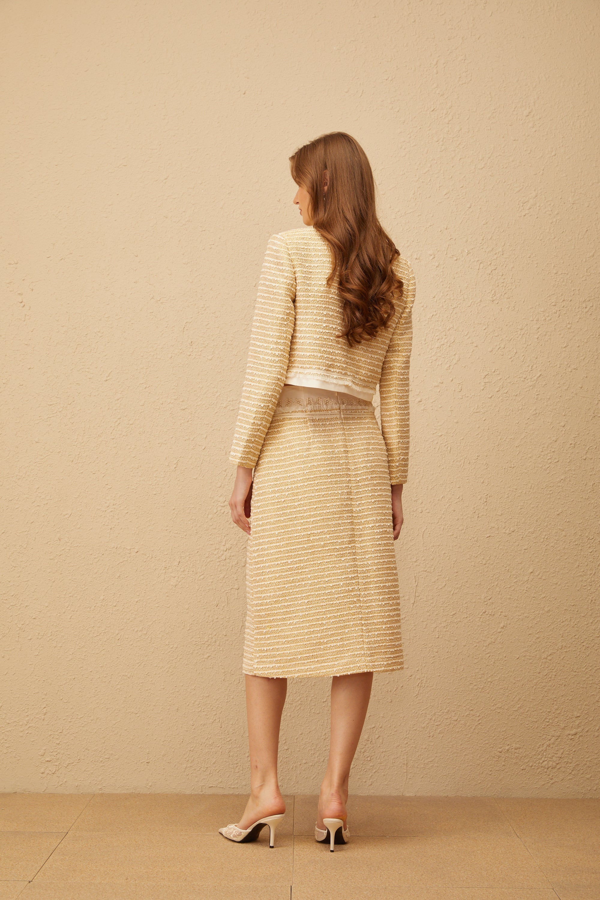 Catalina Neutral Floral Jacquard Tweed Jacket & Skirt Set