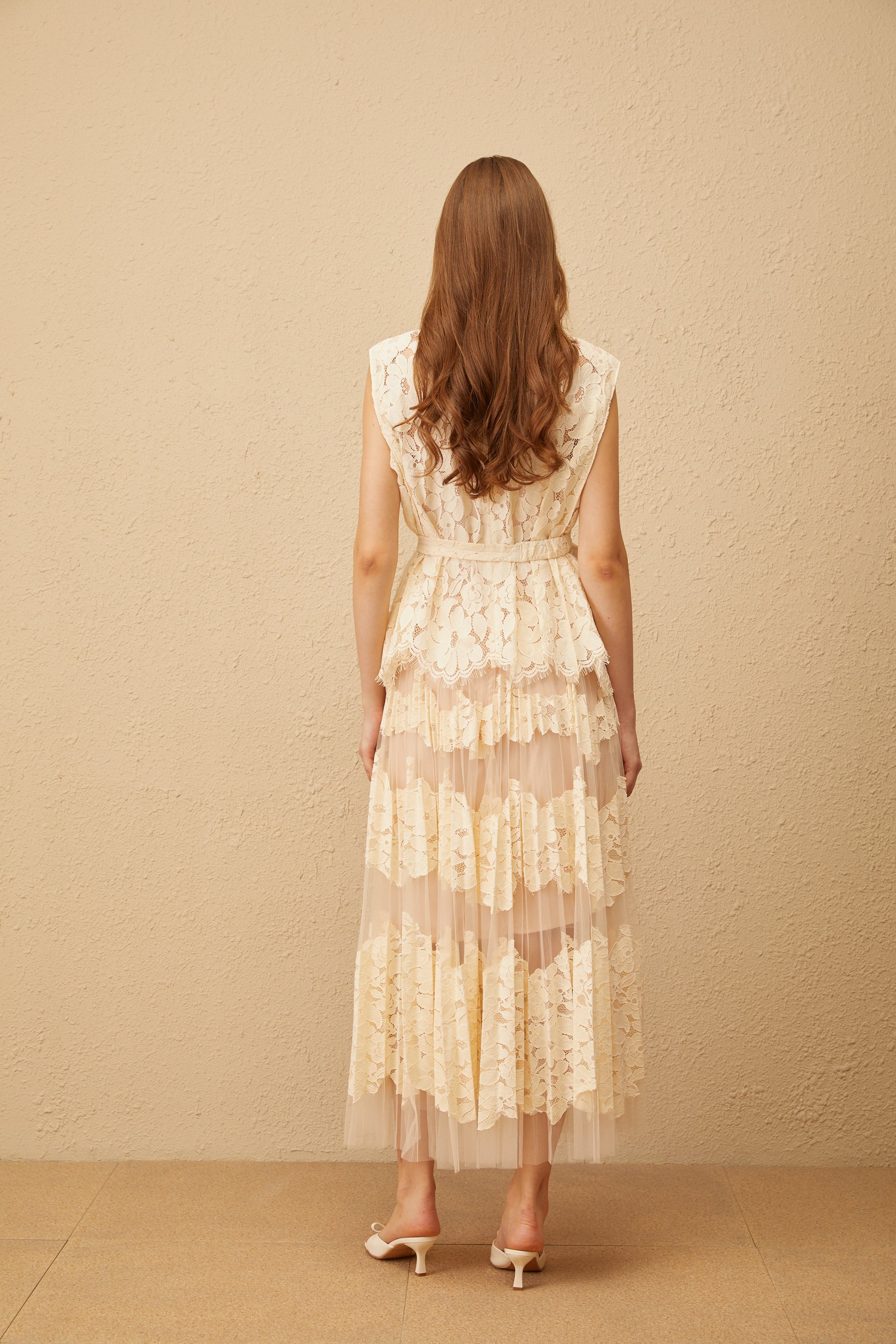 Odette Neutral Floral Lace Top & Skirt Set - beige