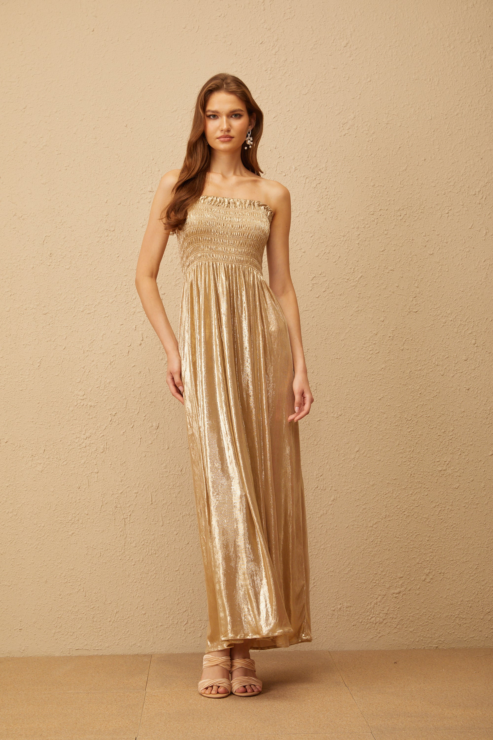 Tiphaine Gold Glossy Smocked Panel Midi Dress (Final Sale)