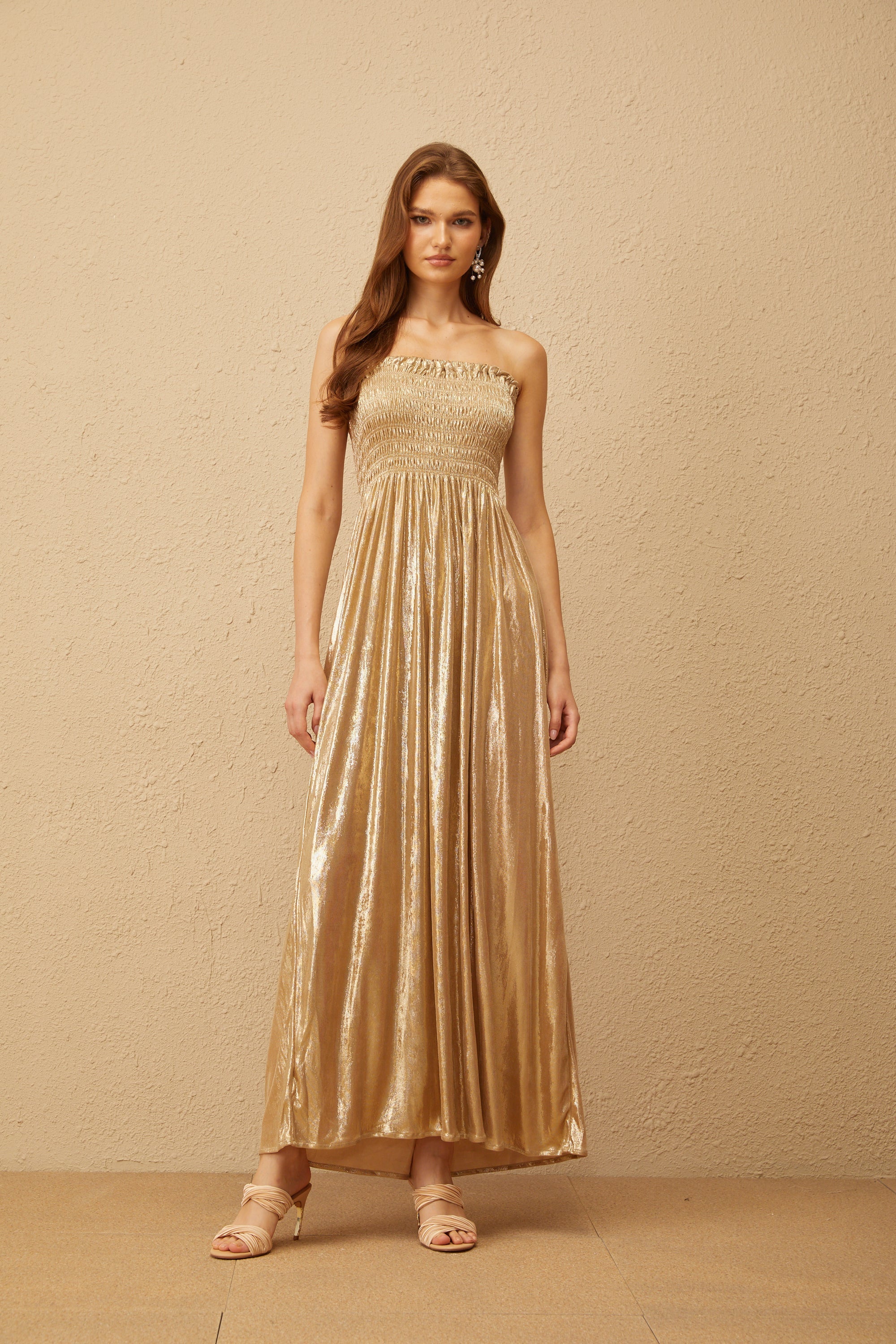 Tiphaine Gold Glossy Smocked Panel Midi Dress (Final Sale)