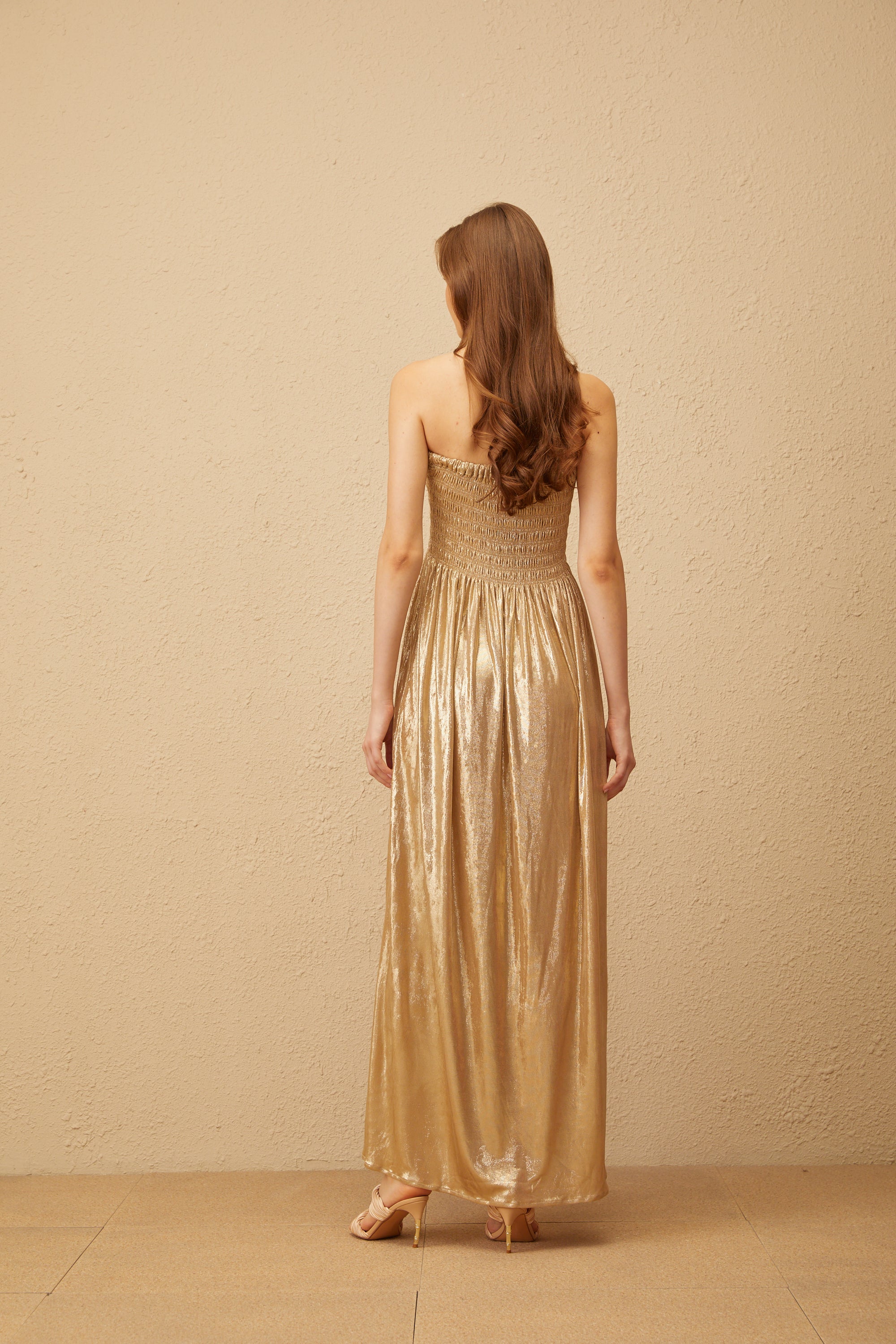 Tiphaine Gold Glossy Smocked Panel Midi Dress