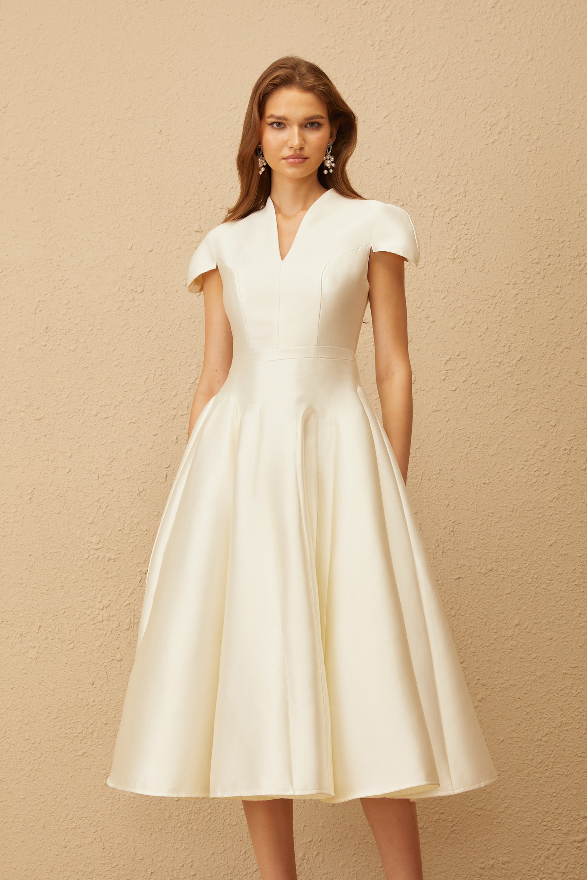 Aventin White Godet Design Midi Dress (Final Sale-US Only)