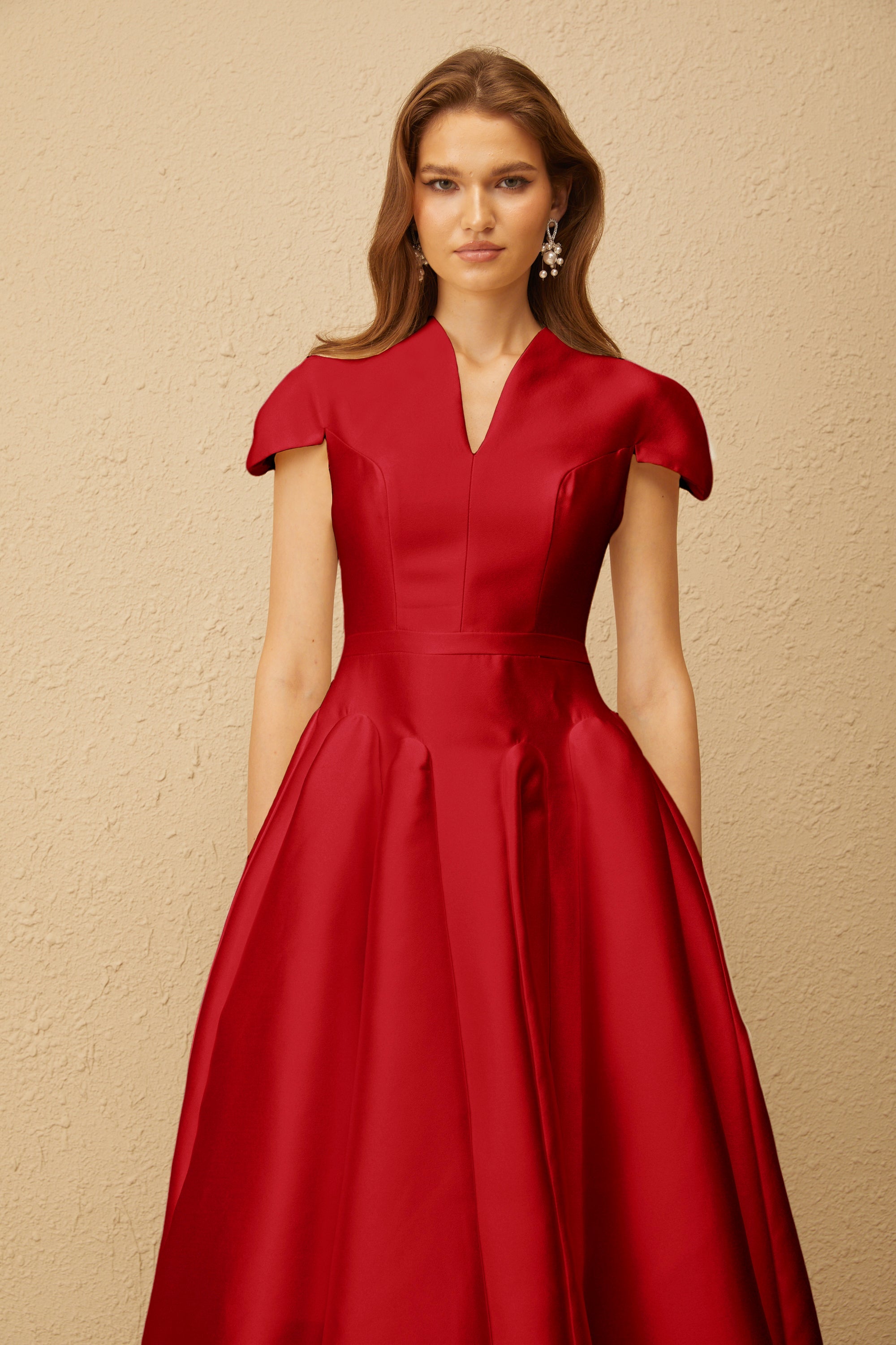 Aventin Red Godet Design Midi Dress